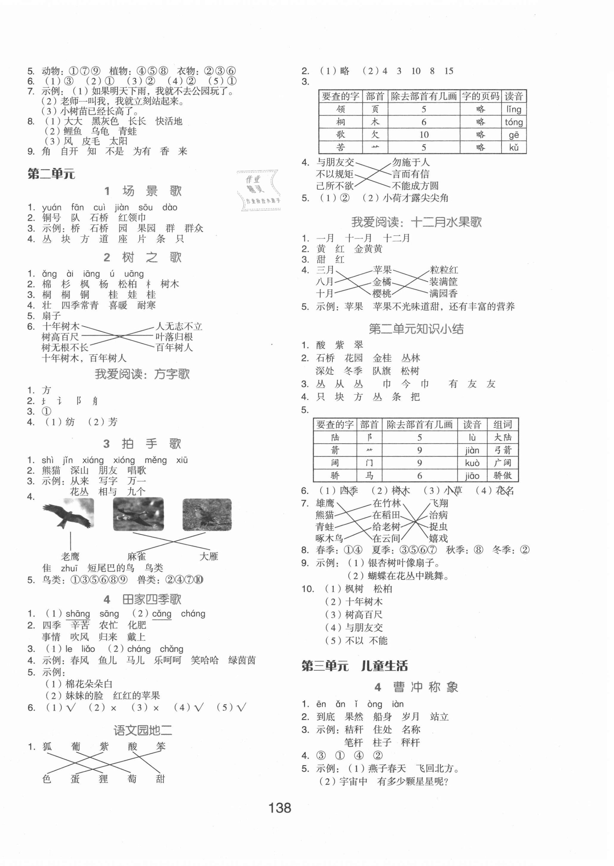 2020年全品学练考二年级语文上册人教版北京专版 参考答案第2页