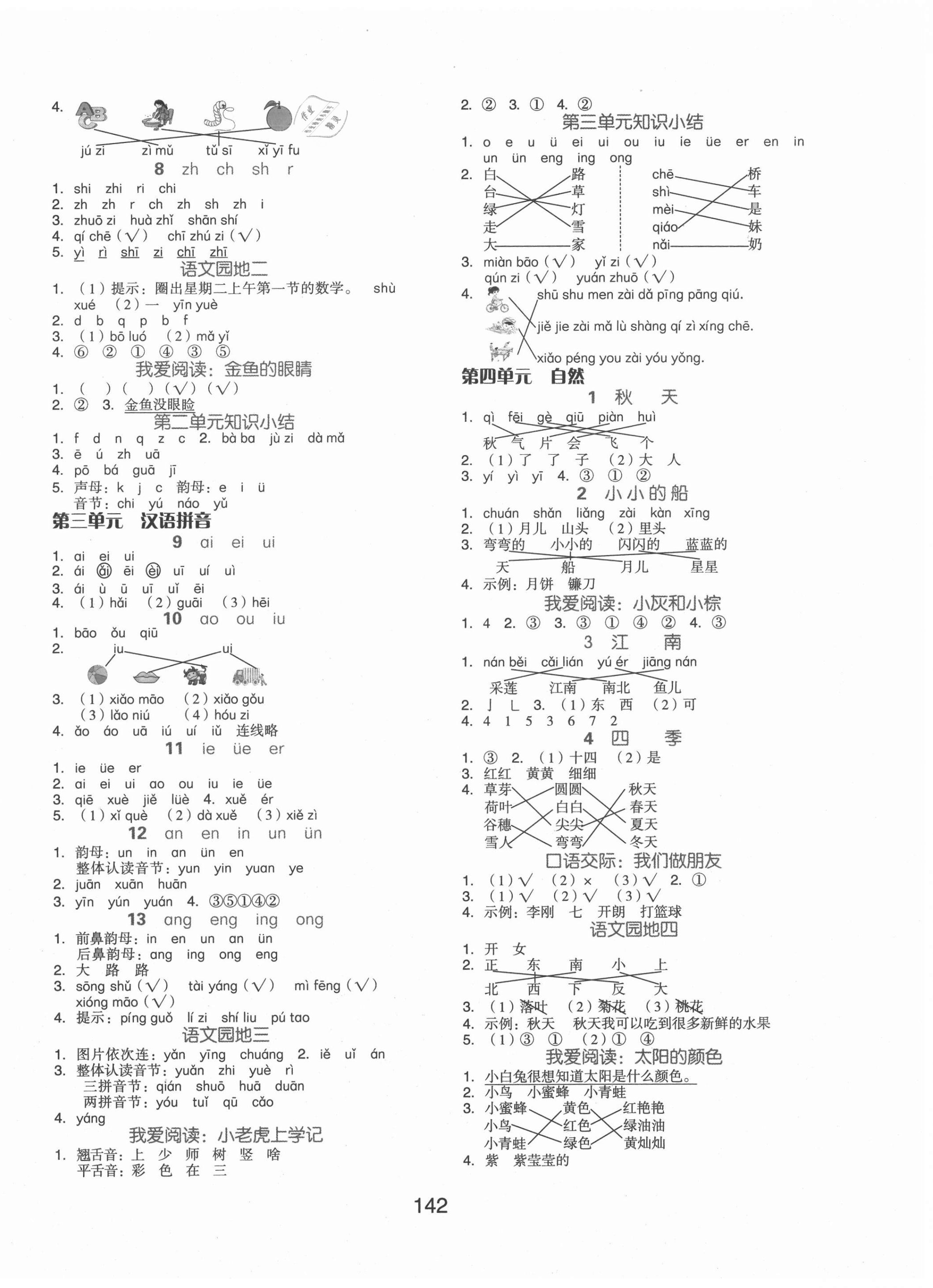 2020年全品学练考一年级语文上册部编版北京天津专用 参考答案第2页