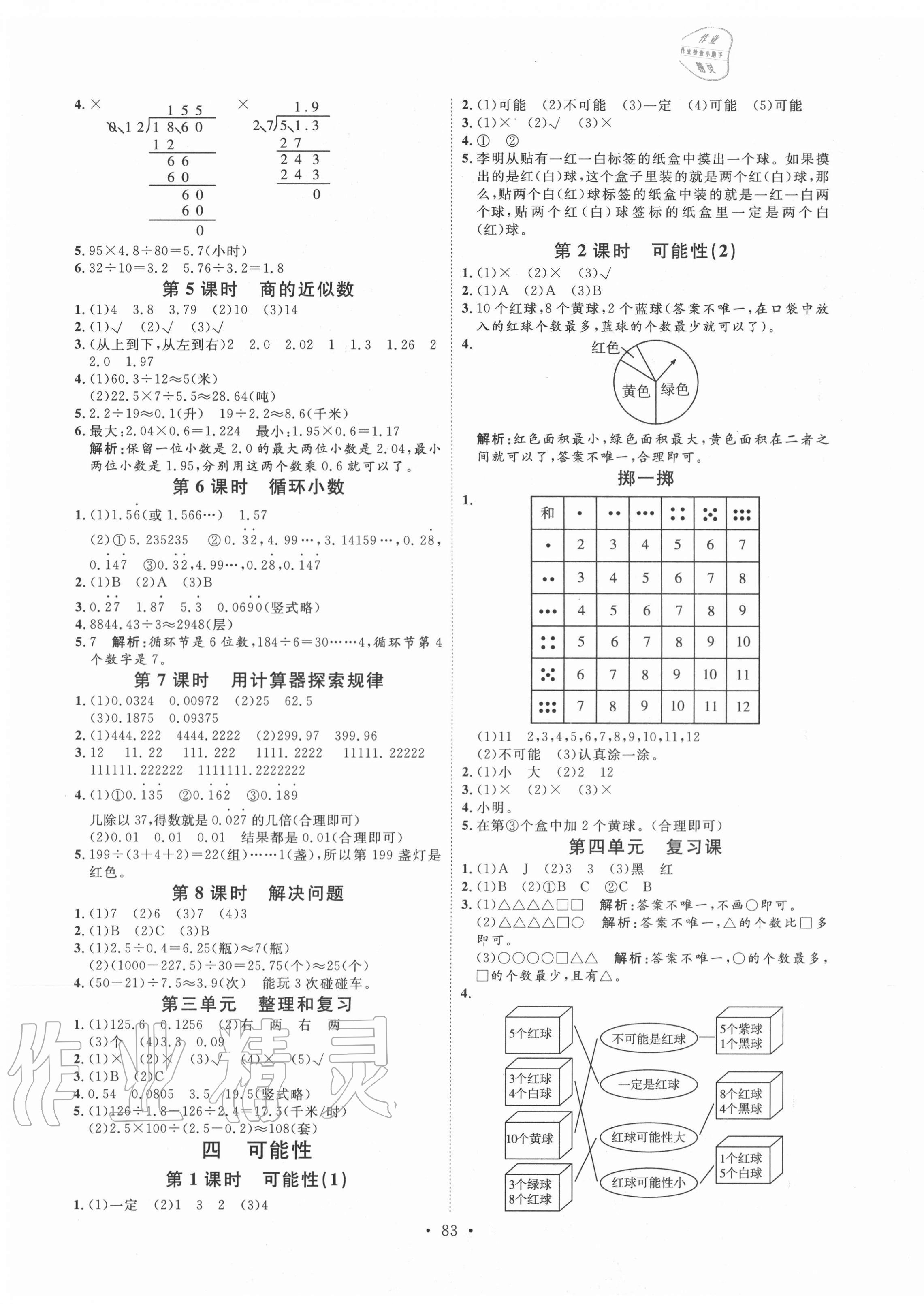 2020年每時每刻快樂優(yōu)加作業(yè)本五年級數學上冊人教版P版 參考答案第3頁