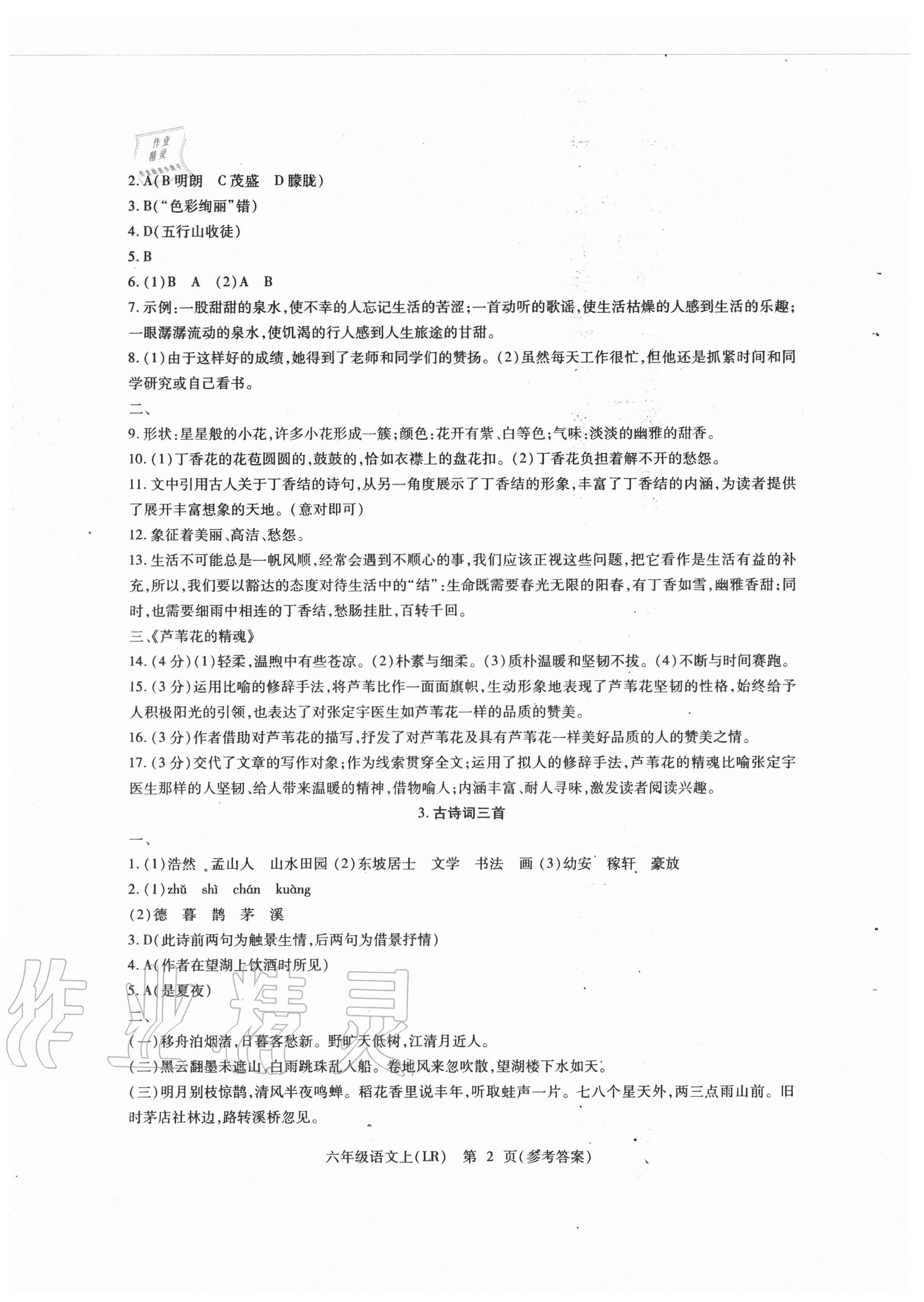 2020年精析巧练六年级语文上册人教版 参考答案第2页