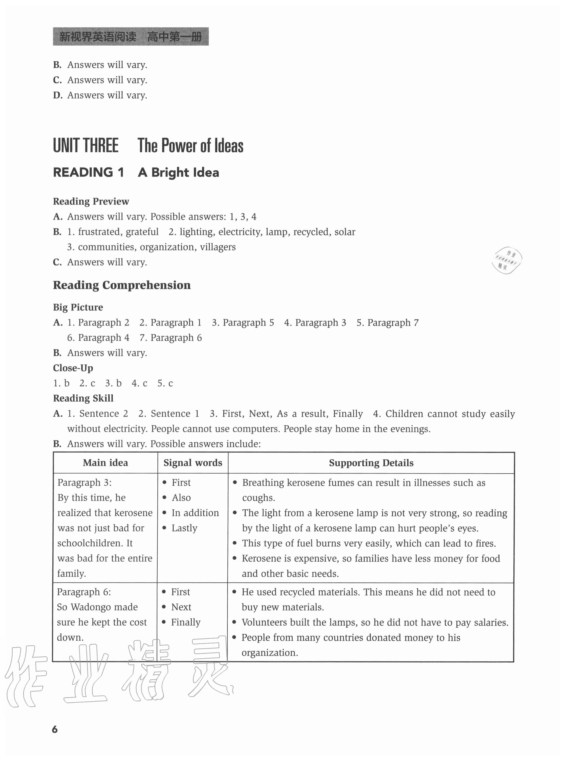 2020年新視界英語(yǔ)閱讀高中第一冊(cè)滬教版 參考答案第6頁(yè)
