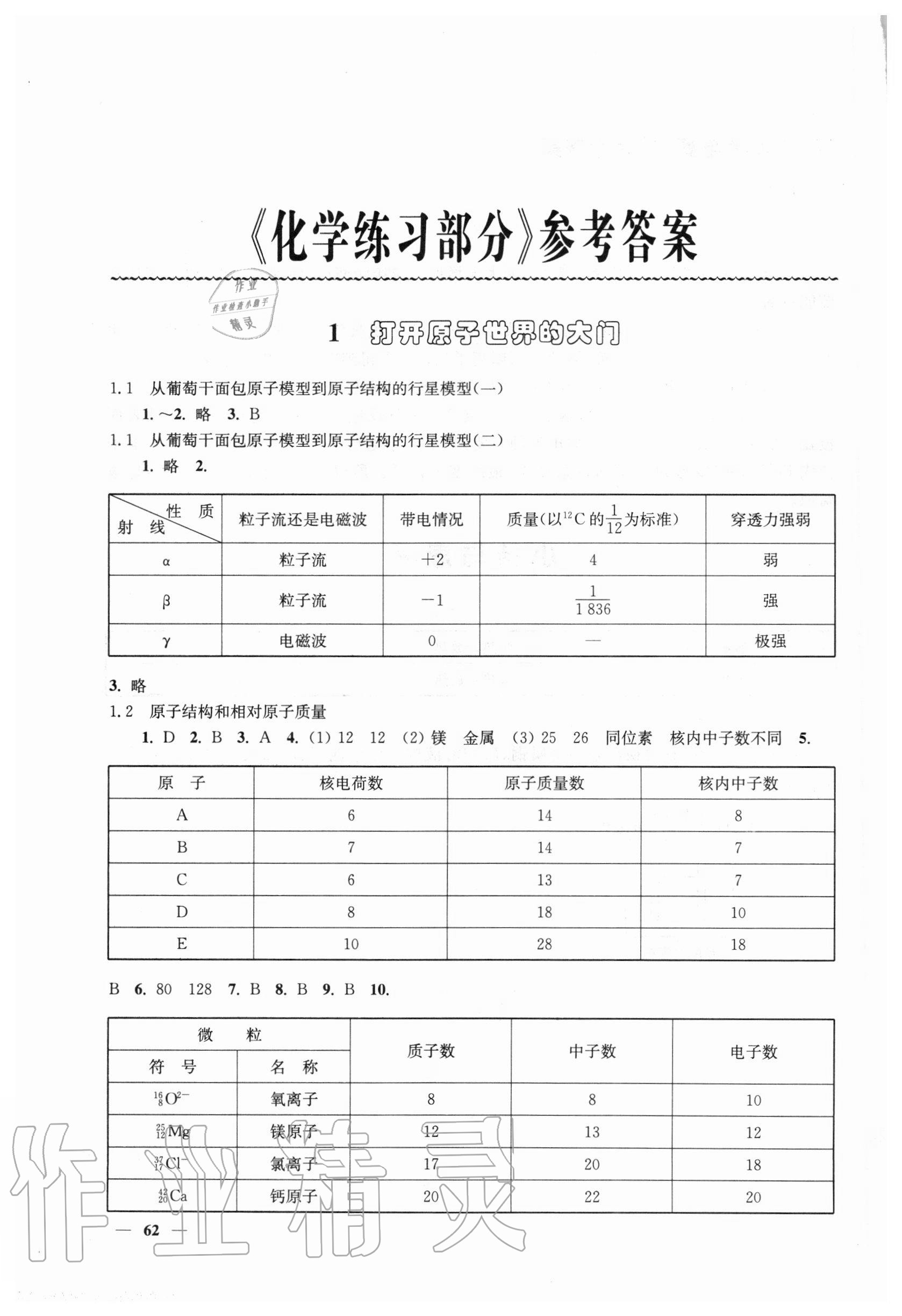 2020年化学练习部分高中一年级第一学期沪教版 参考答案第1页