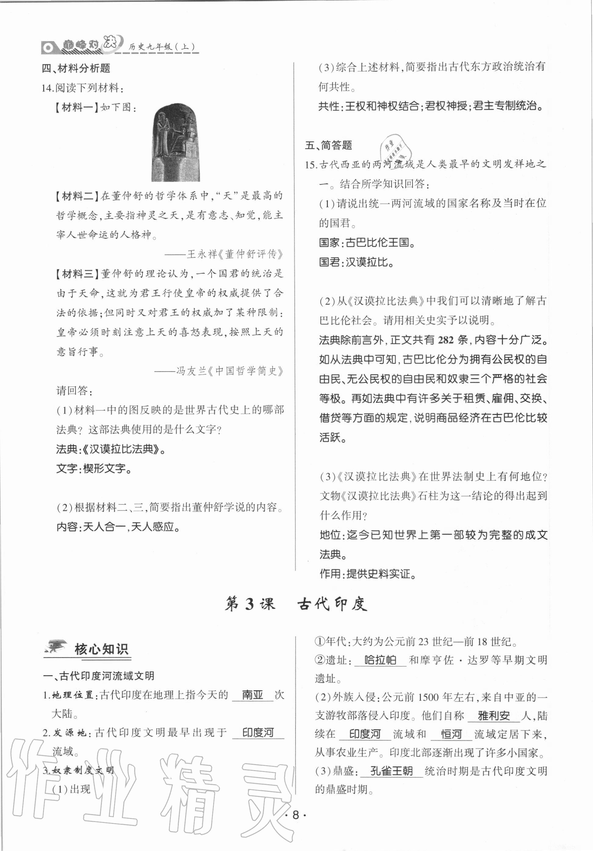 2020年巔峰對(duì)決九年級(jí)歷史上冊(cè)人教版 參考答案第8頁(yè)