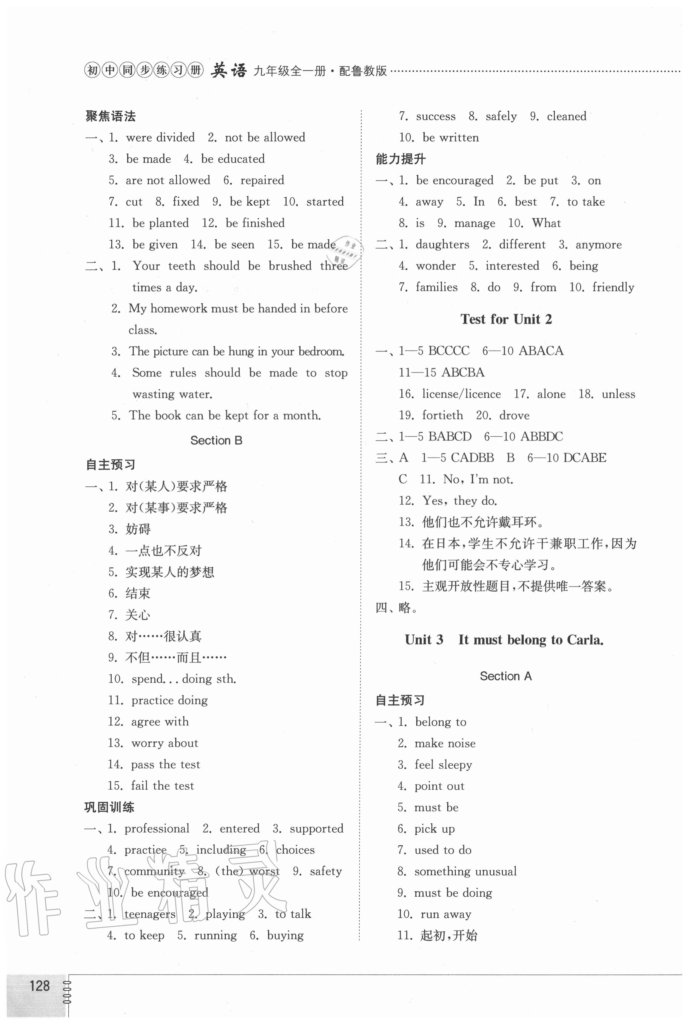 2020年初中同步練習(xí)冊(cè)九年級(jí)英語(yǔ)全一冊(cè)魯教版54制 參考答案第3頁(yè)