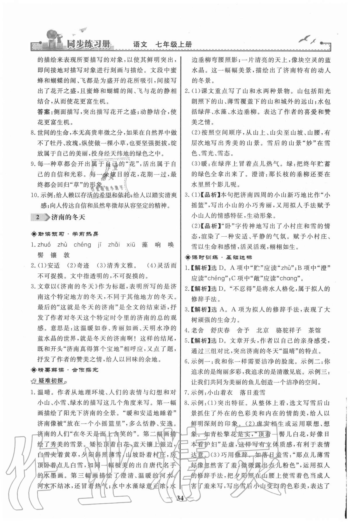 2020年同步练习册七年级语文上册人教版江苏专版人民教育出版社 参考答案第2页