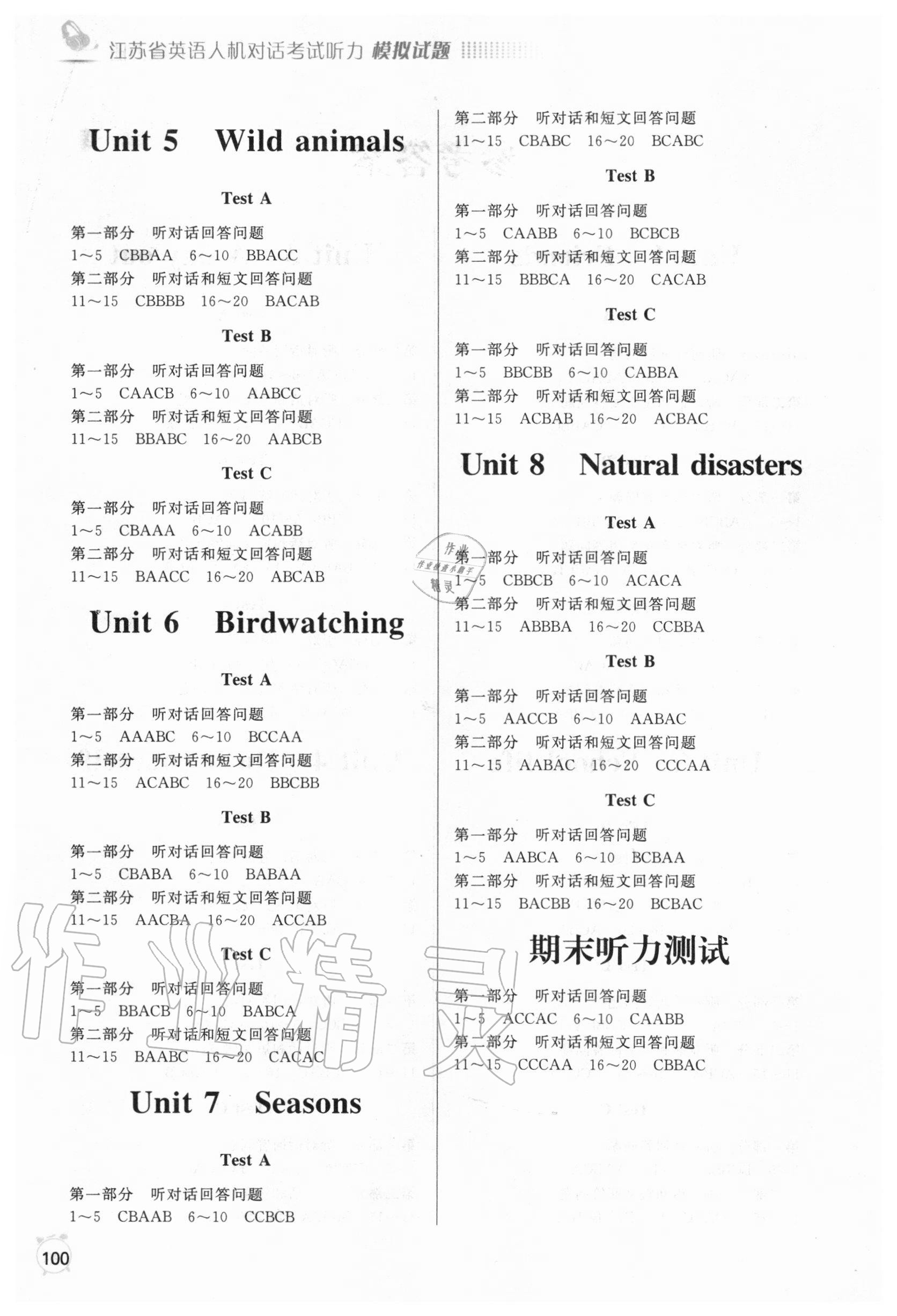 2020年江蘇省英語人機(jī)對(duì)話考試聽力模擬試題八年級(jí)上冊(cè) 參考答案第2頁