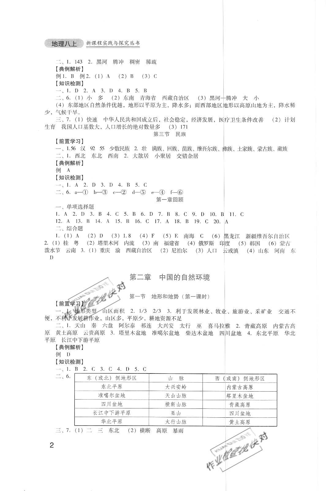 2020年新课程实践与探究丛书八年级地理上册人教版 参考答案第2页