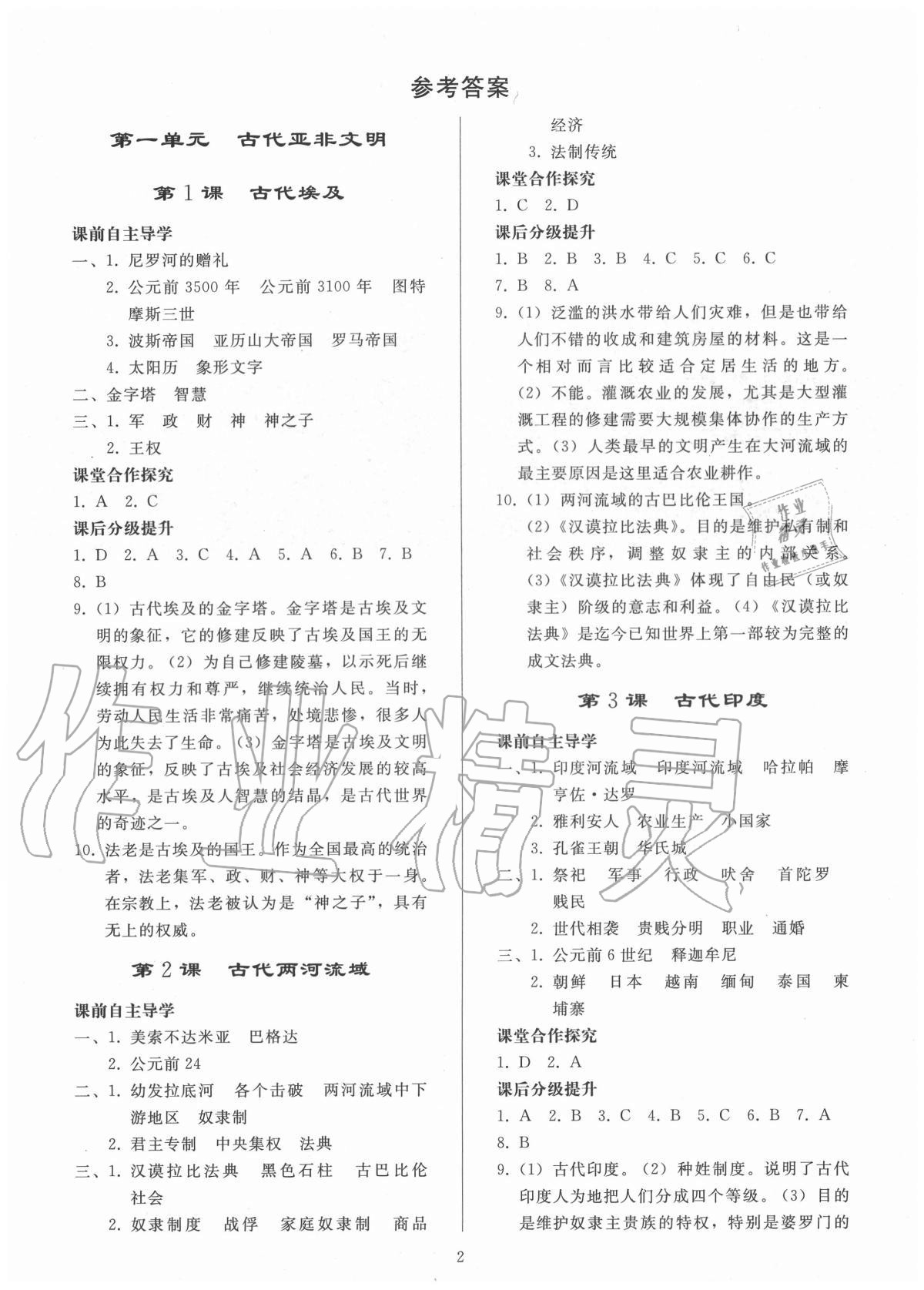 2020年初中同步練習(xí)冊(cè)九年級(jí)世界歷史上冊(cè)人教版山東專版人民教育出版社 參考答案第1頁