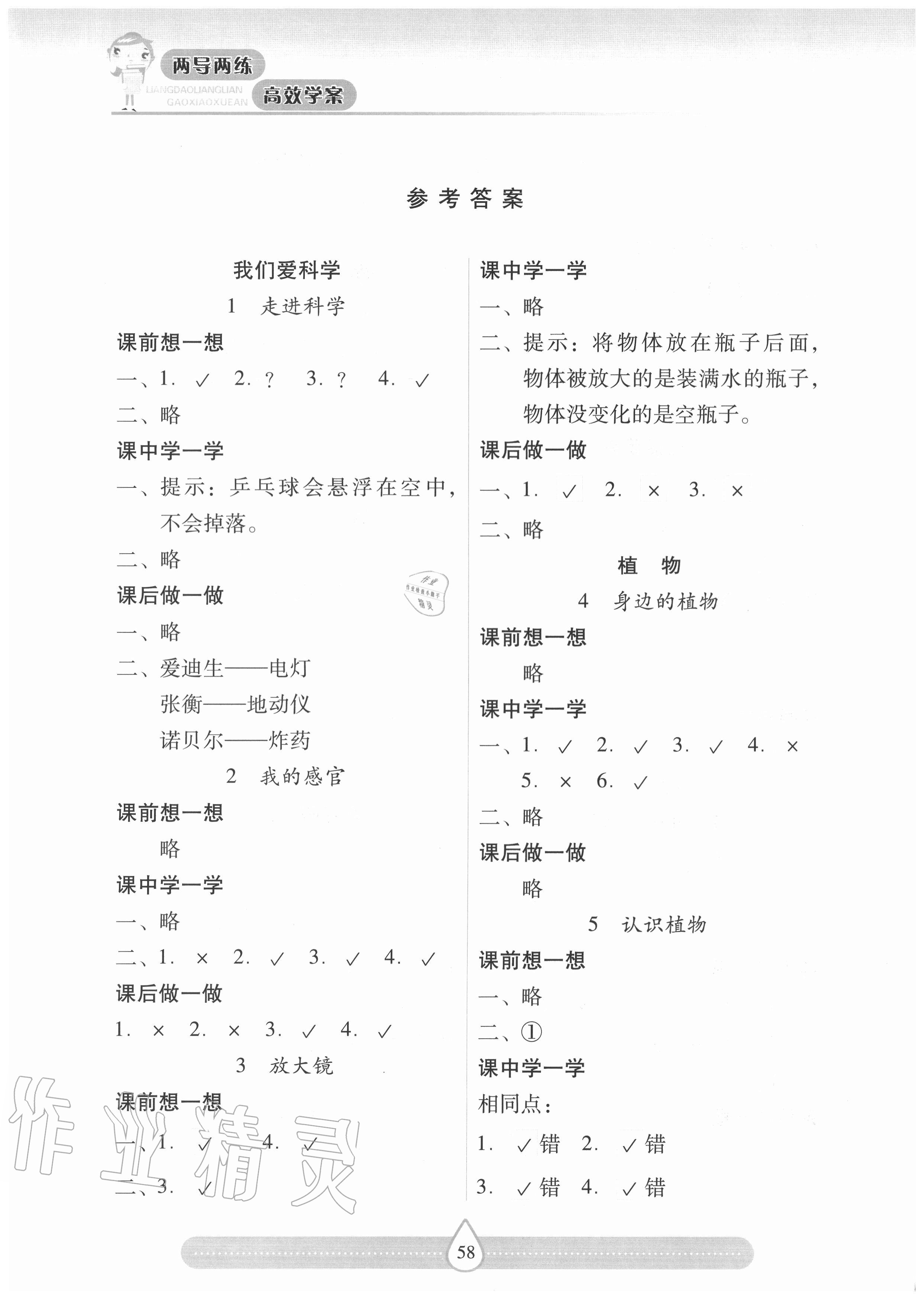 2020年新课标两导两练高效学案一年级科学上册冀人版 参考答案第1页