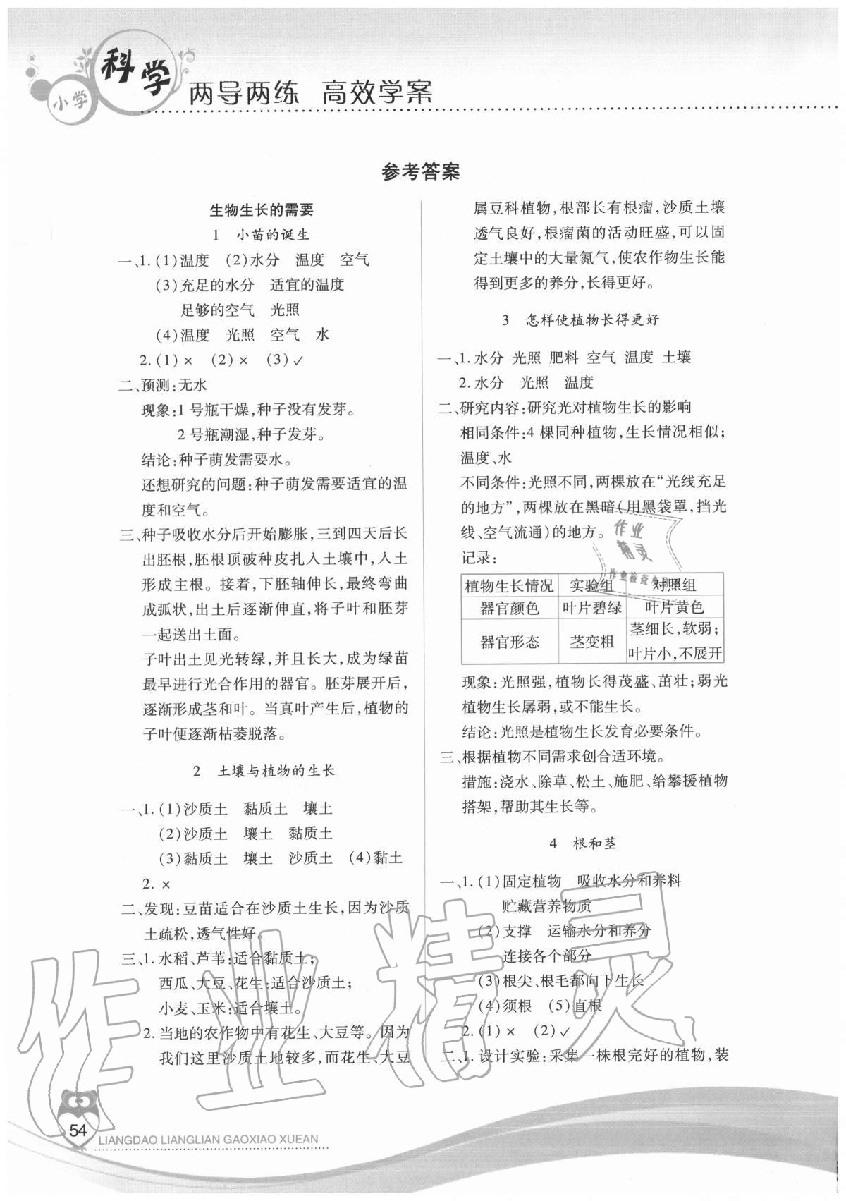 2020年新课标两导两练高效学案五年级科学上册冀人版 参考答案第1页