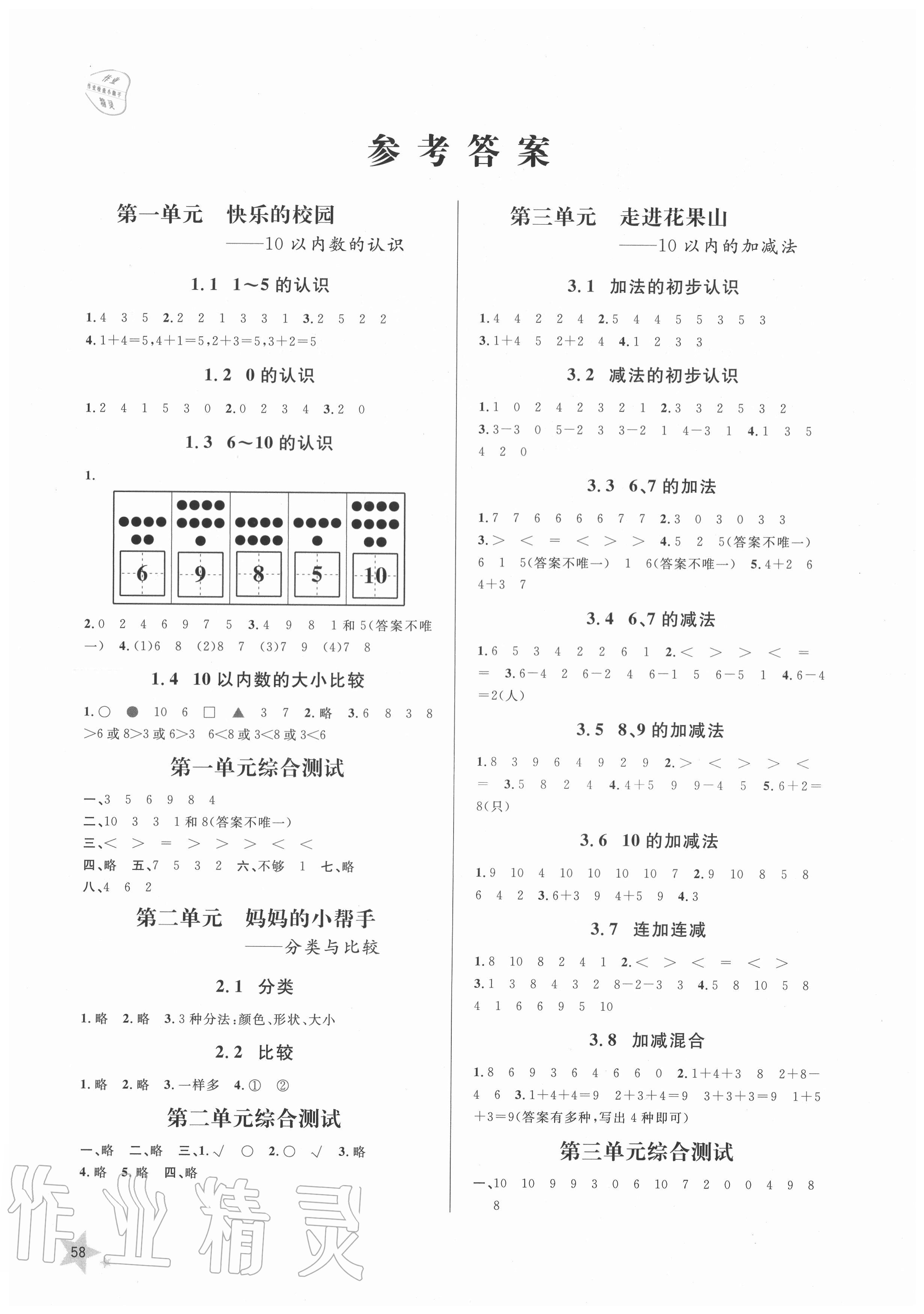 2020年小學(xué)同步練習(xí)冊一年級數(shù)學(xué)上冊青島版54制山東人民出版社 參考答案第1頁