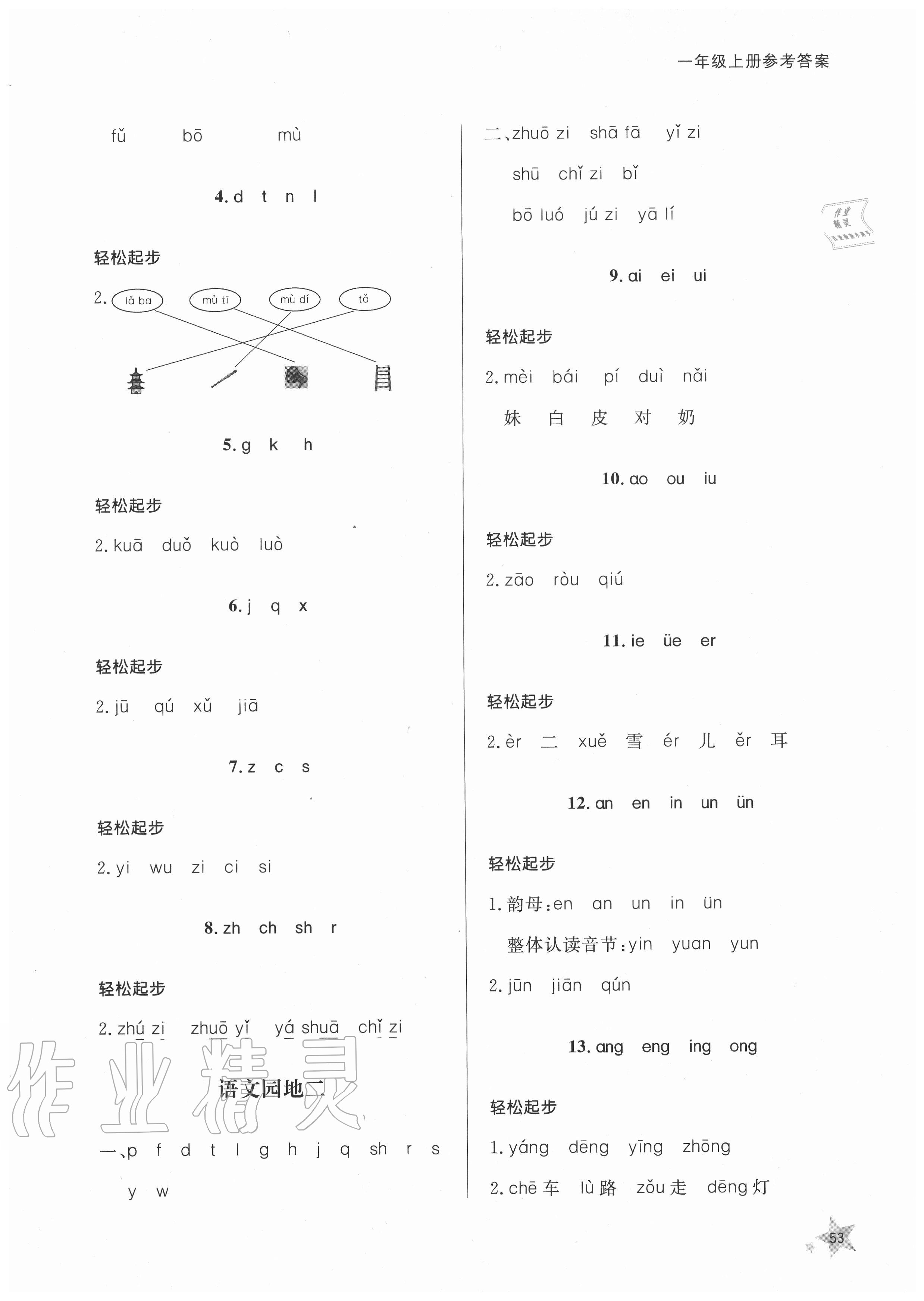 2020年小學同步練習冊一年級語文上冊人教版54制山東人民出版社 參考答案第2頁