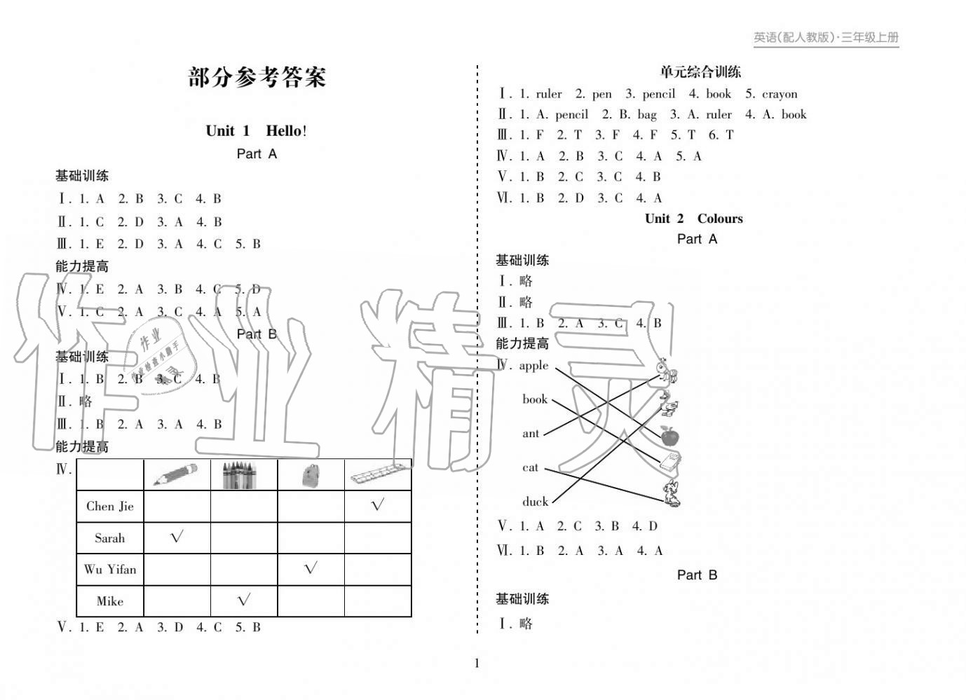 2018年新課程課堂同步練習(xí)冊(cè)三年級(jí)英語(yǔ)上冊(cè)人教版 參考答案第1頁(yè)