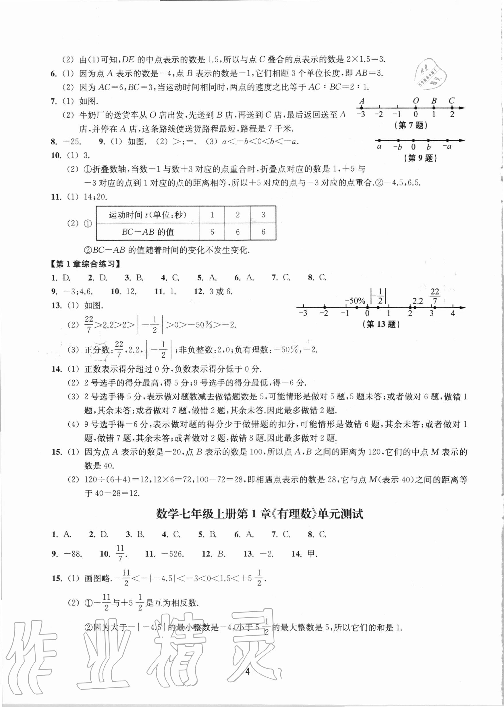 2020年同步练习七年级数学上册浙教版提升版浙江教育出版社 参考答案第4页