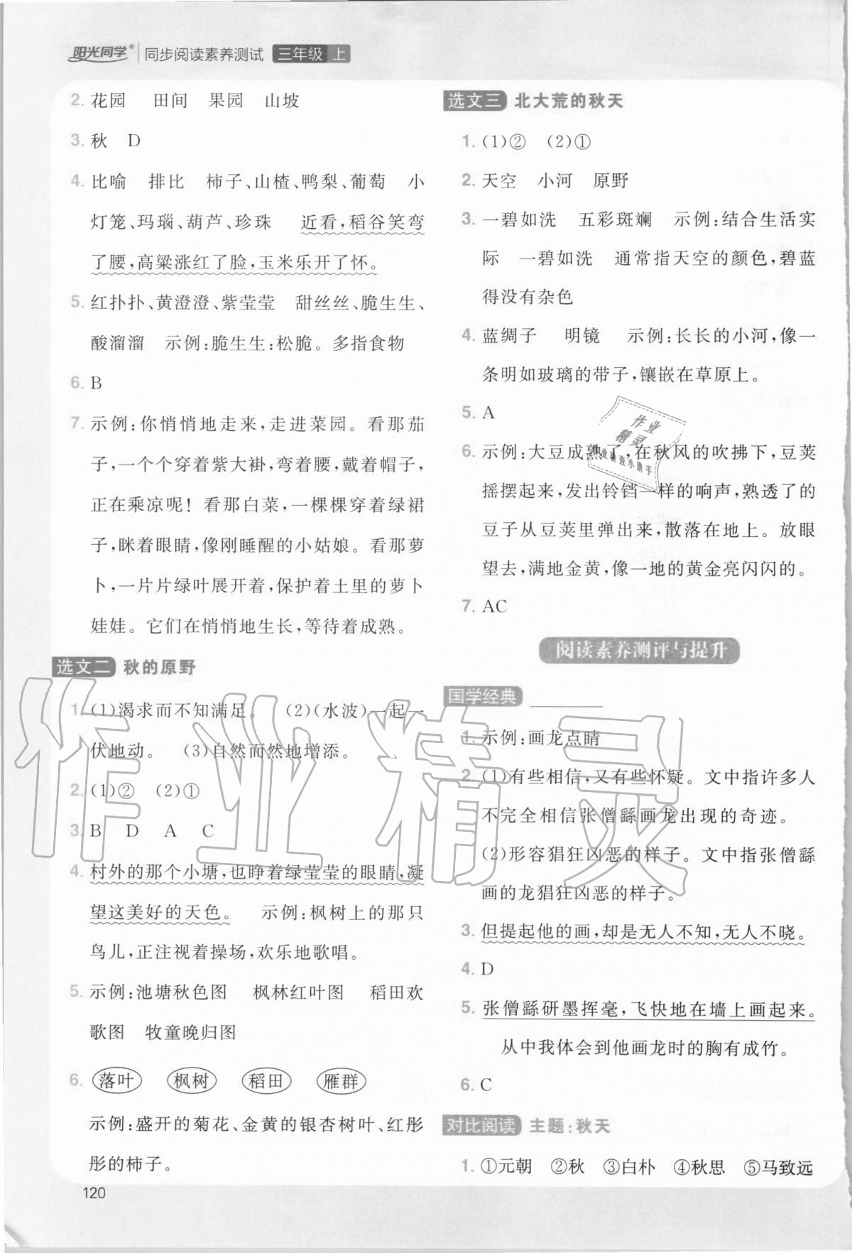 2020年陽光同學同步閱讀素養(yǎng)測試三年級語文上冊人教版 參考答案第3頁