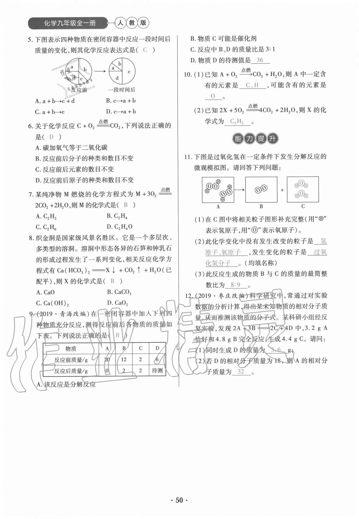 2020年一课一练创新练习九年级化学全一册人教版 参考答案第50页