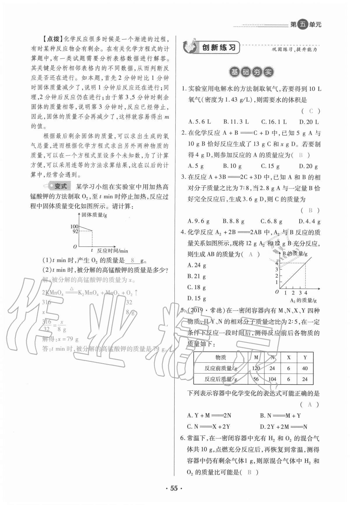 2020年一课一练创新练习九年级化学全一册人教版 参考答案第55页