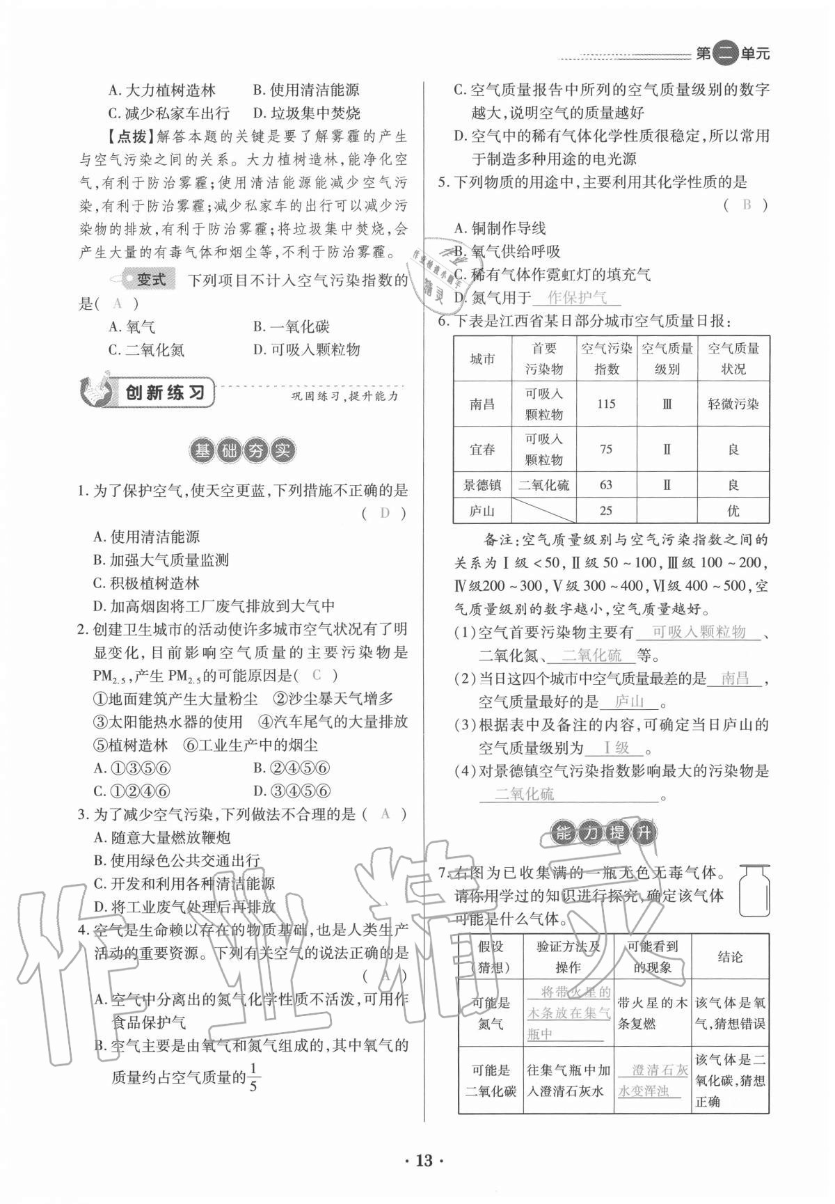 2020年一课一练创新练习九年级化学全一册人教版 参考答案第13页