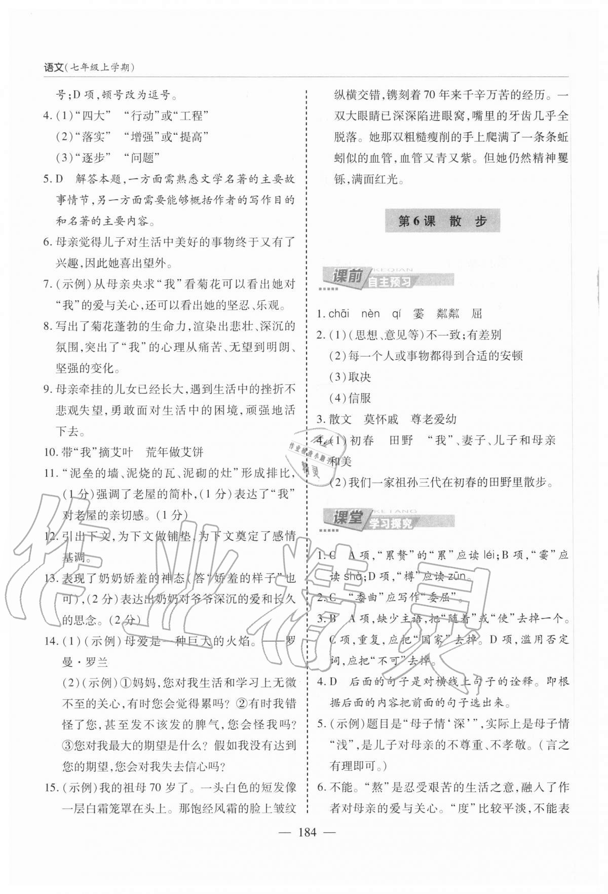 2020年新课堂同步学习与探究七年级语文上学期人教版 参考答案第7页