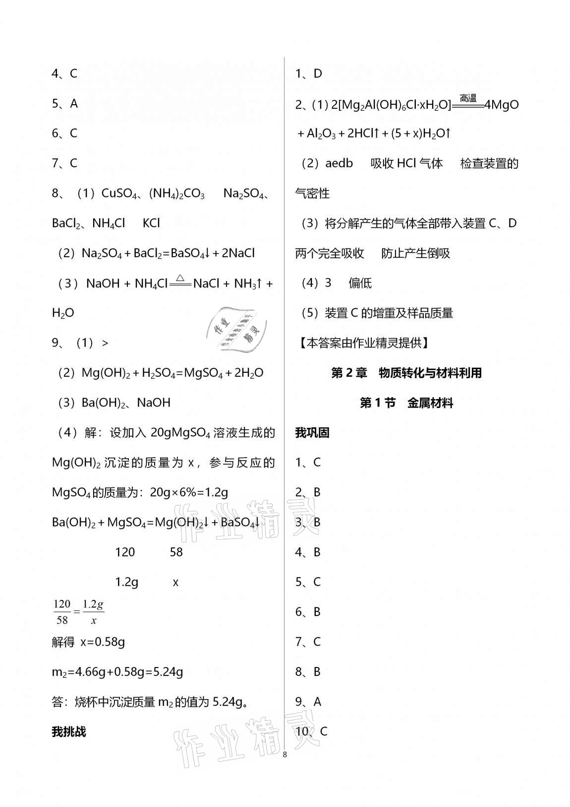 2020年导学新作业九年级科学上册浙教版B版 第8页