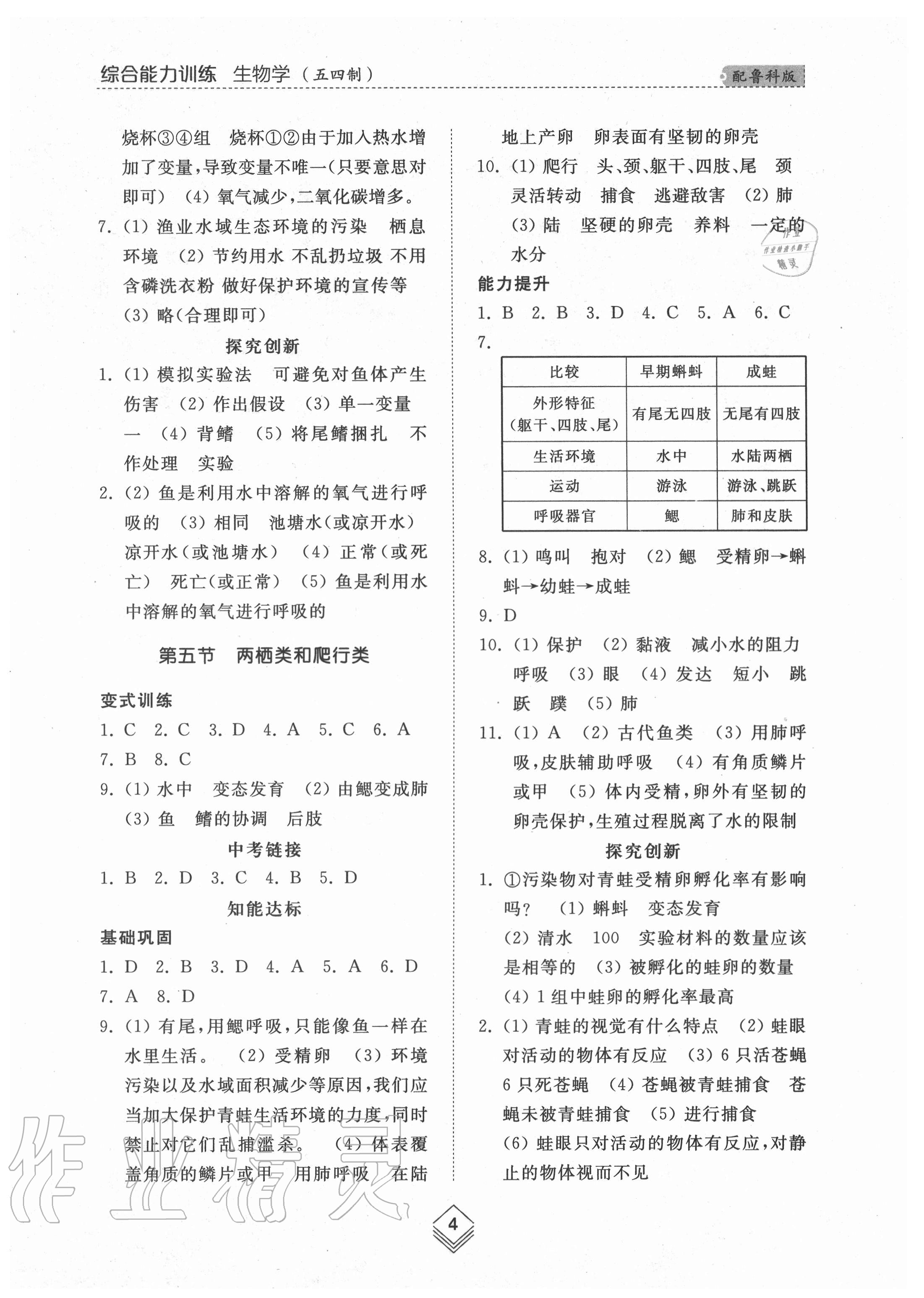 2020年综合能力训练八年级生物学上册鲁科版54制 参考答案第4页