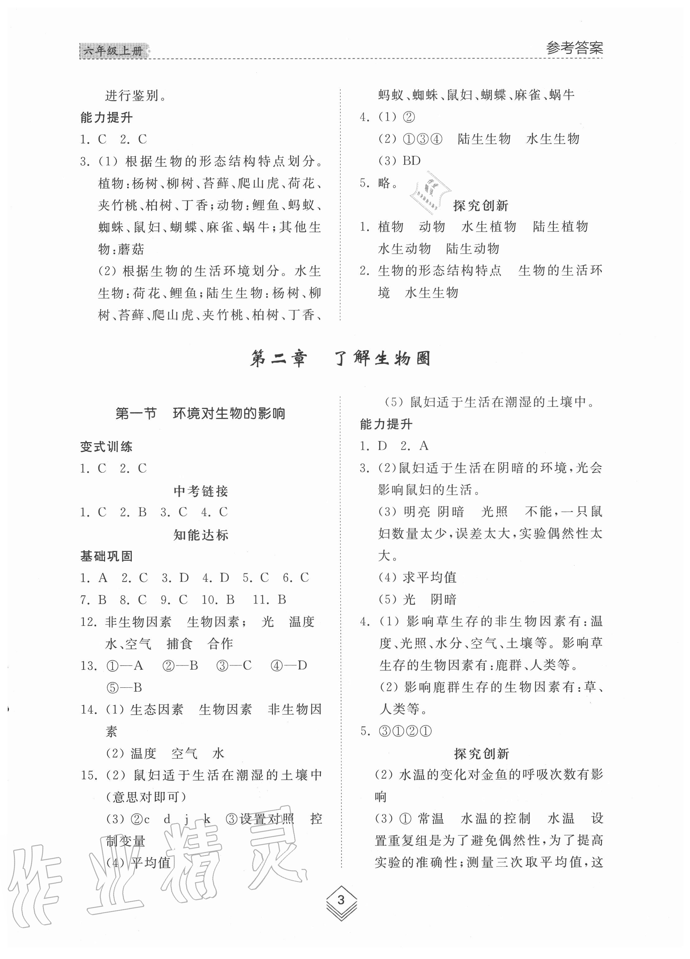 2020年綜合能力訓(xùn)練六年級(jí)生物學(xué)上冊(cè)魯科版54制 參考答案第2頁