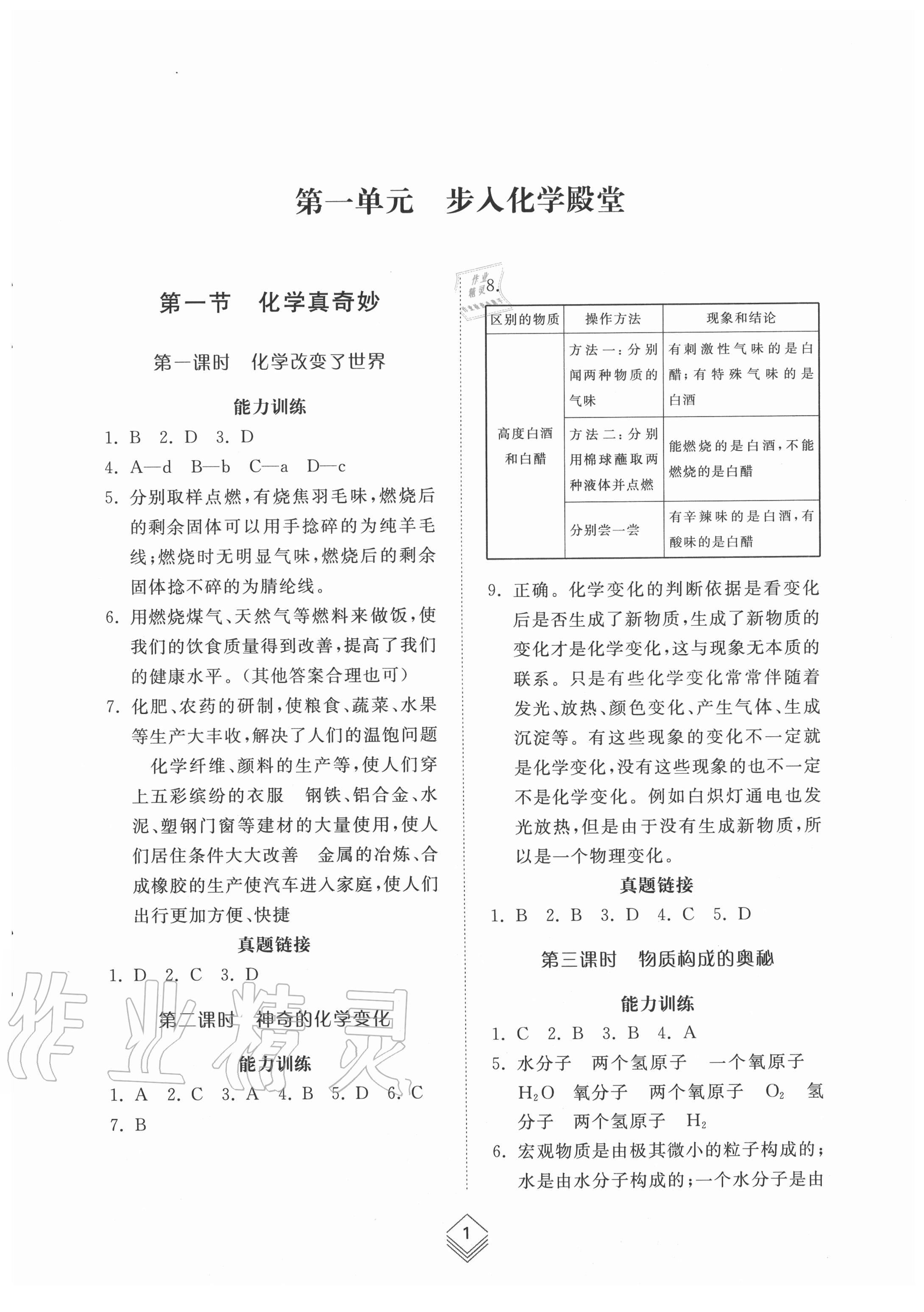 2020年综合能力训练八年级化学上册鲁教版54制 参考答案第1页