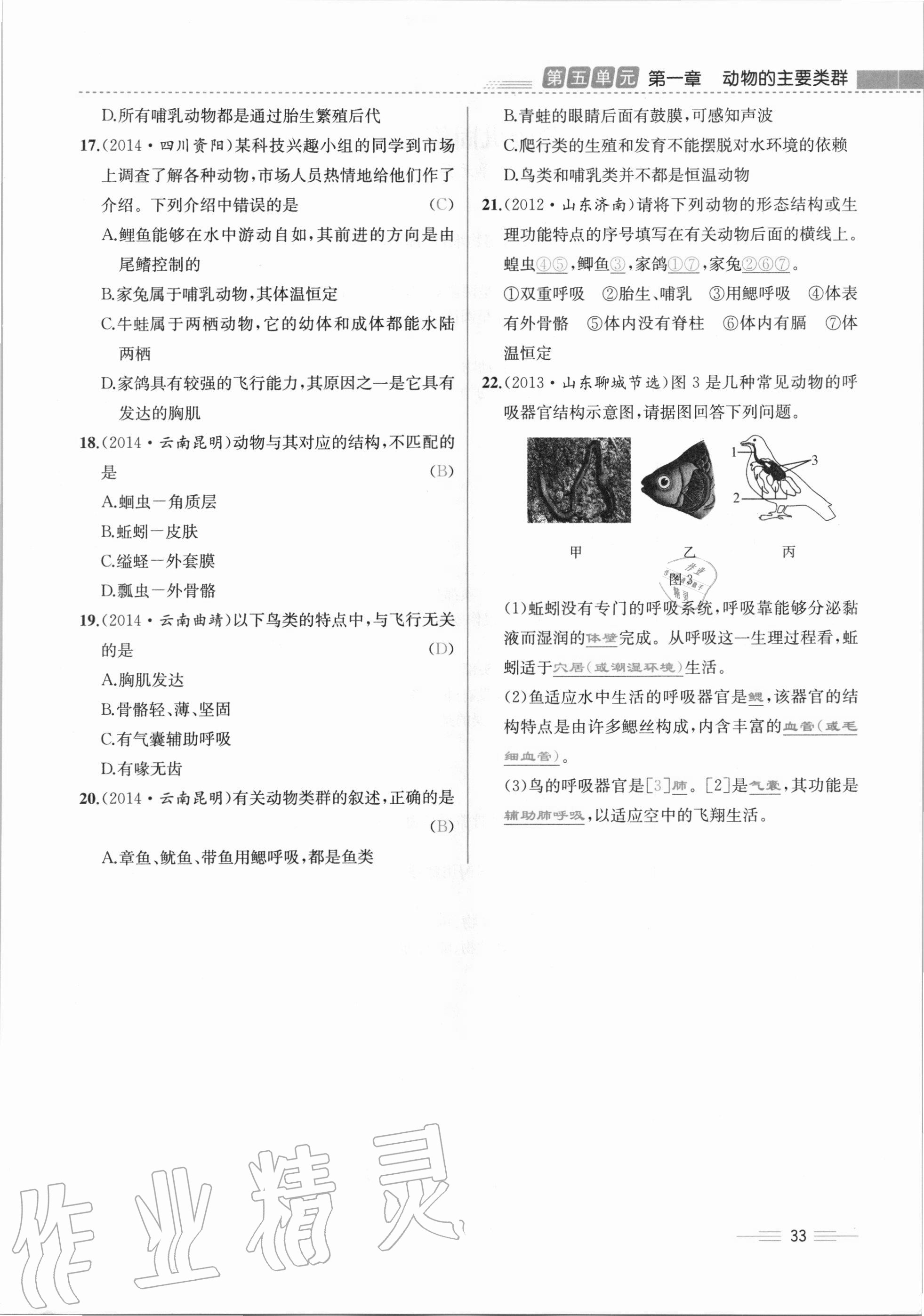 2020年人教金學(xué)典同步解析與測評八年級生物學(xué)上冊人教版云南專版 第33頁