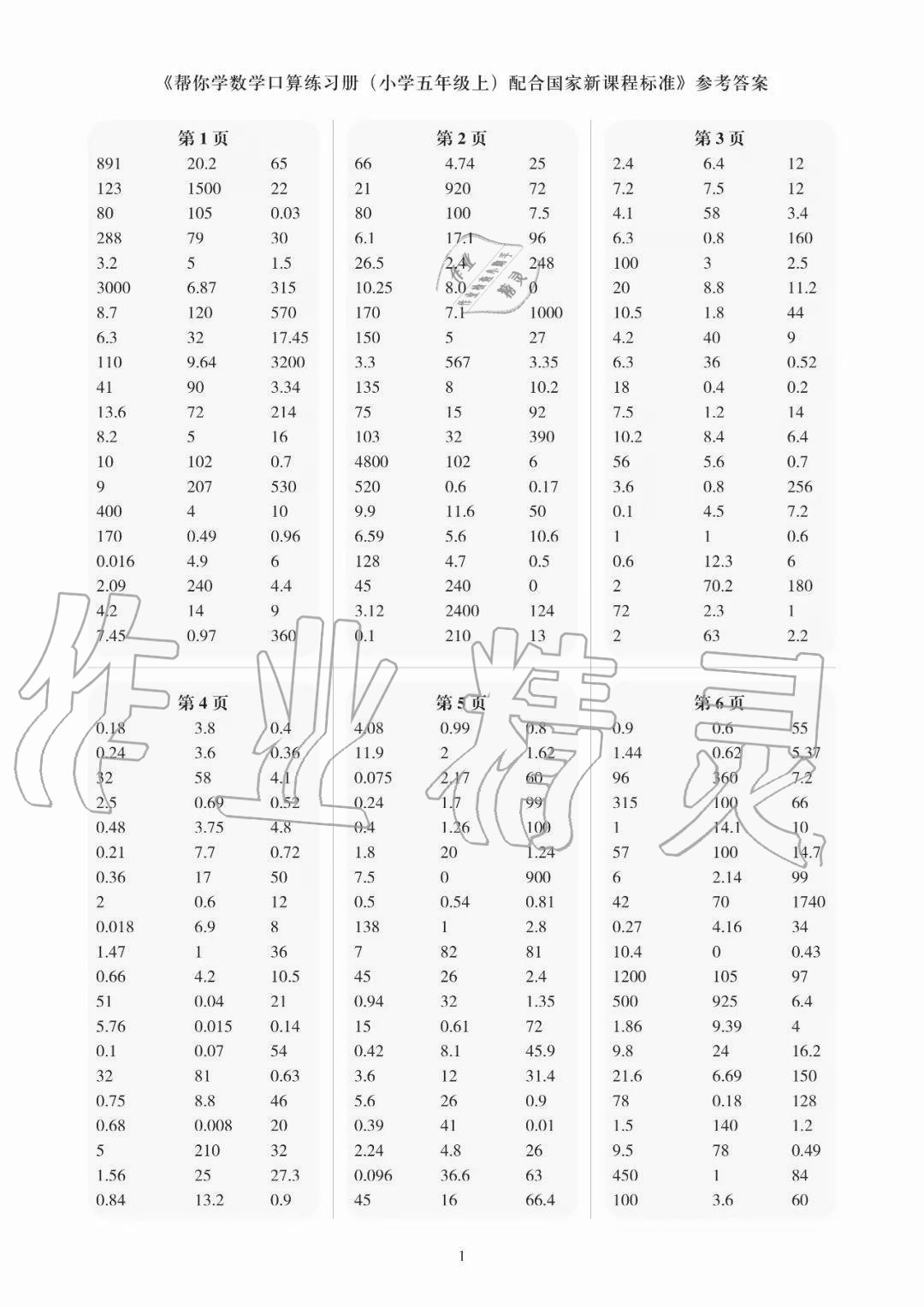 2020年幫你學(xué)數(shù)學(xué)口算練習(xí)冊五年級上冊人教版 第1頁