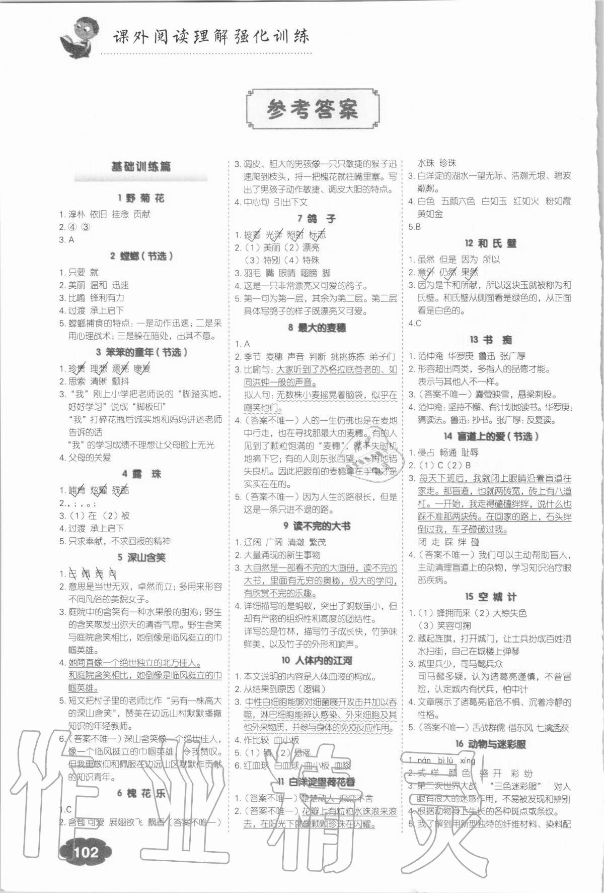 2020年課外閱讀理解強(qiáng)化訓(xùn)練五年級語文全一冊人教版 參考答案第1頁