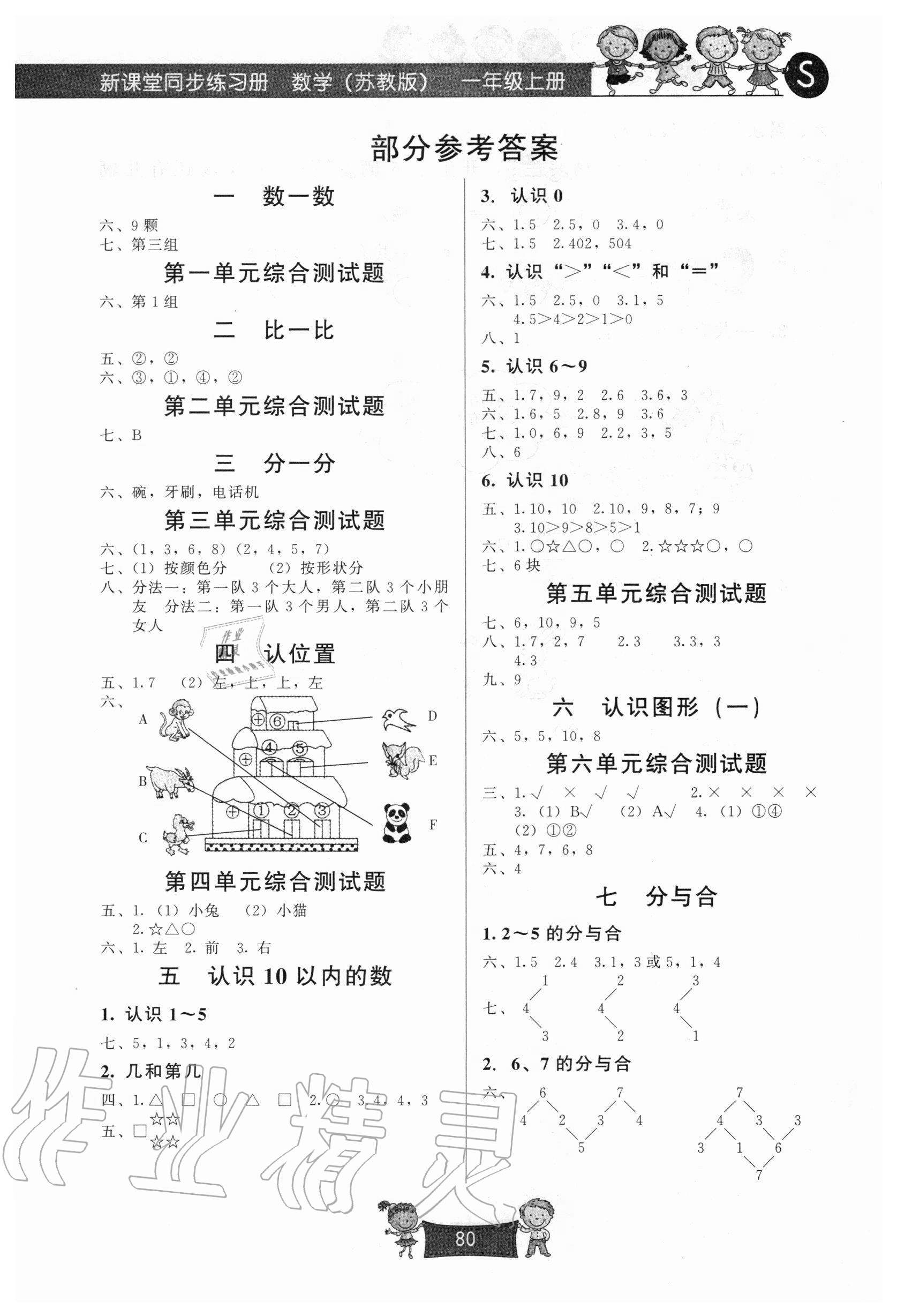 2020年新課堂同步練習冊一年級數學上冊蘇教版 參考答案第1頁