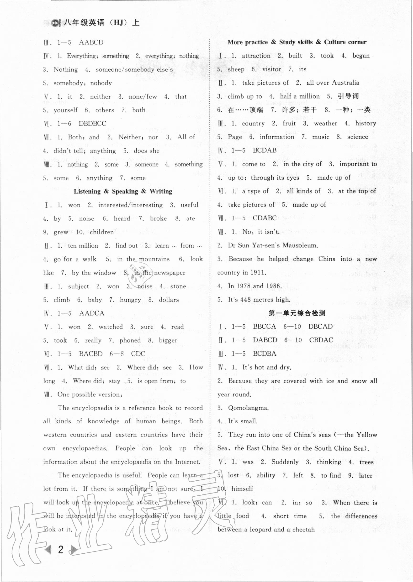 2020年胜券在握打好基础作业本八年级英语上册沪教版 参考答案第2页