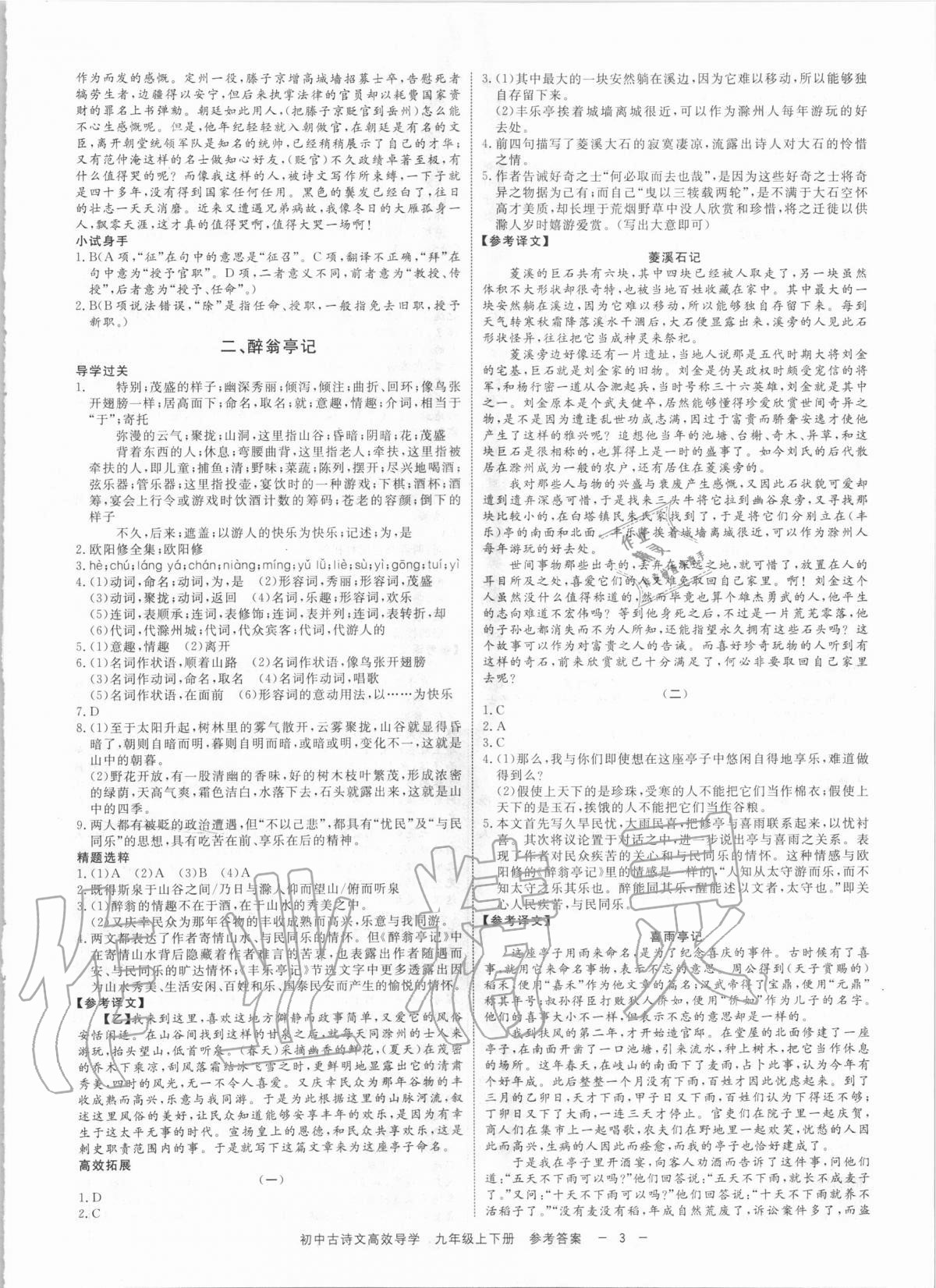 2020年古诗文高效导学九年级语文全一册人教版浙江专版 参考答案第2页