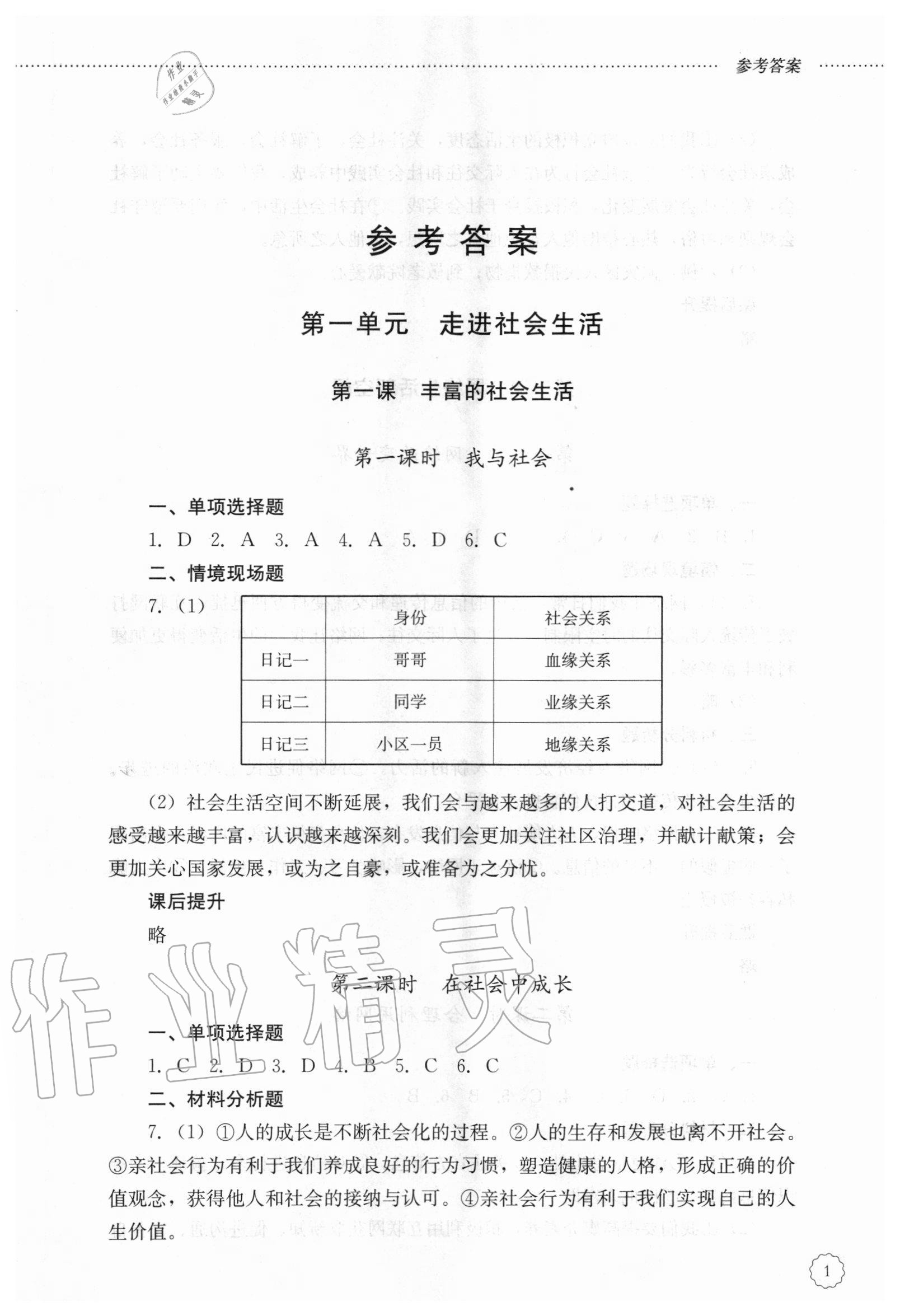 2020年初中课堂同步训练八年级道德与法治上册人教版五四制 参考答案第1页