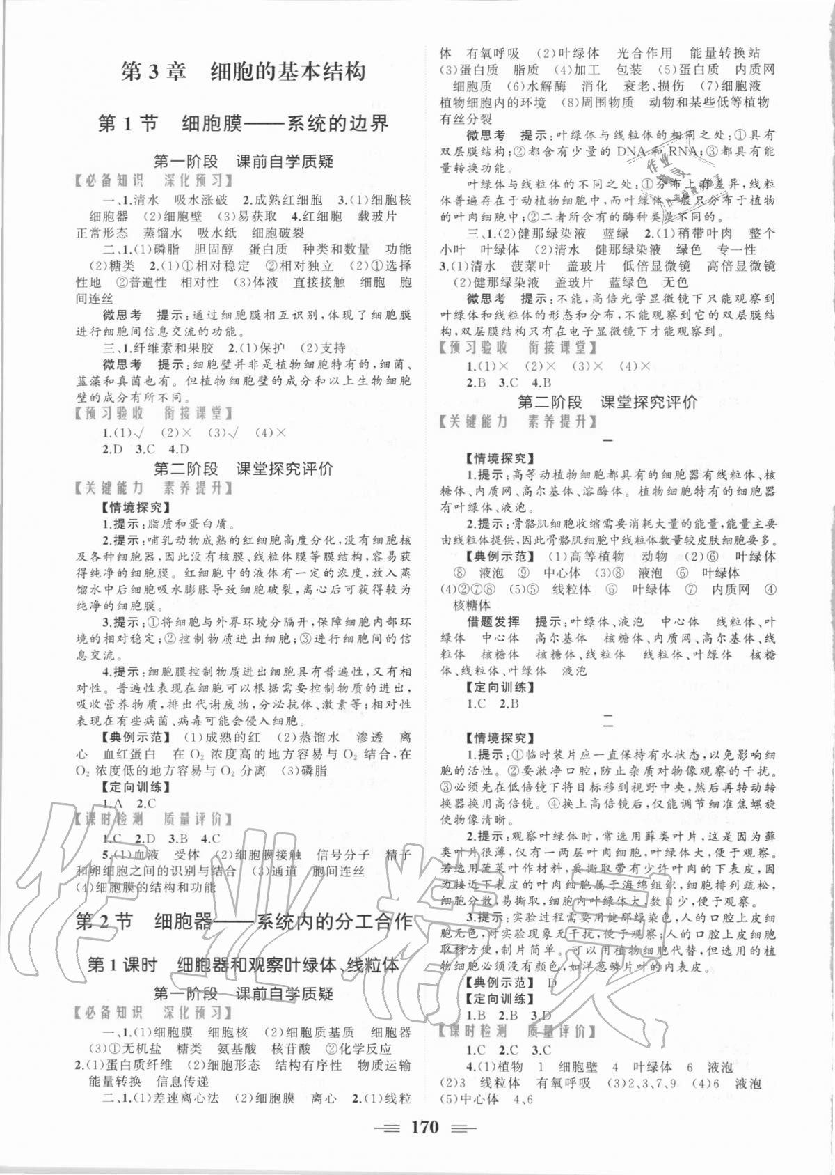 2020年点金训练精讲巧练高中生物必修一人教版 参考答案第4页