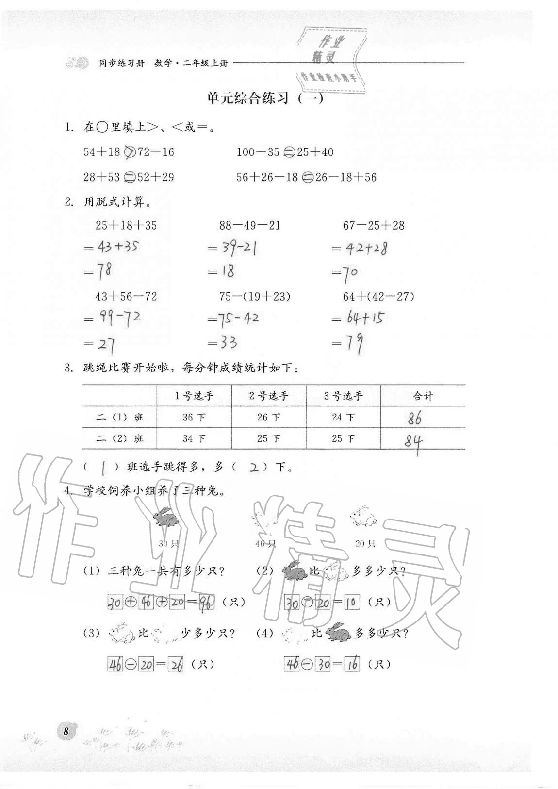 2020年同步練習(xí)冊河北教育出版社二年級數(shù)學(xué)上冊冀教版 第8頁