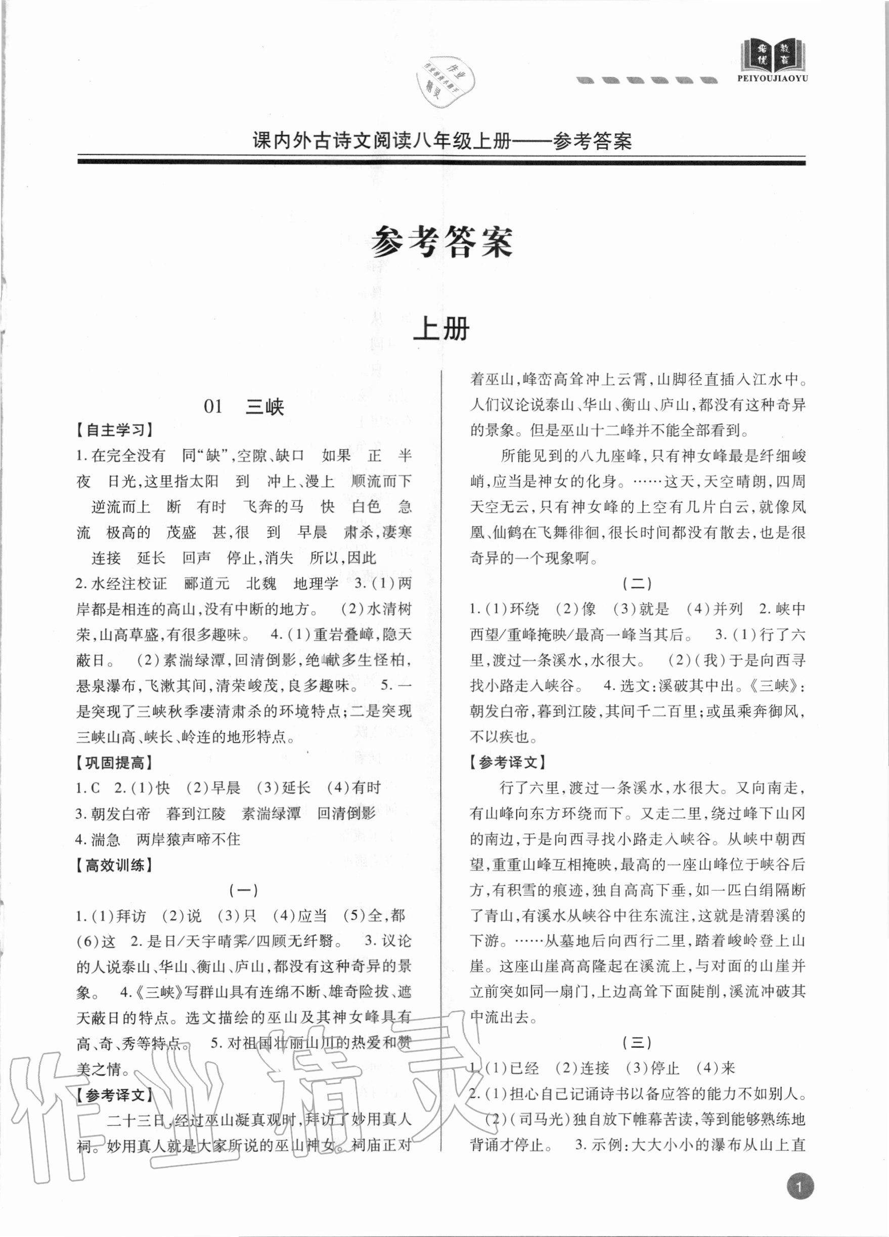 2021年專題攻略課內外古詩文閱讀高效訓練八年級語文人教版 第1頁