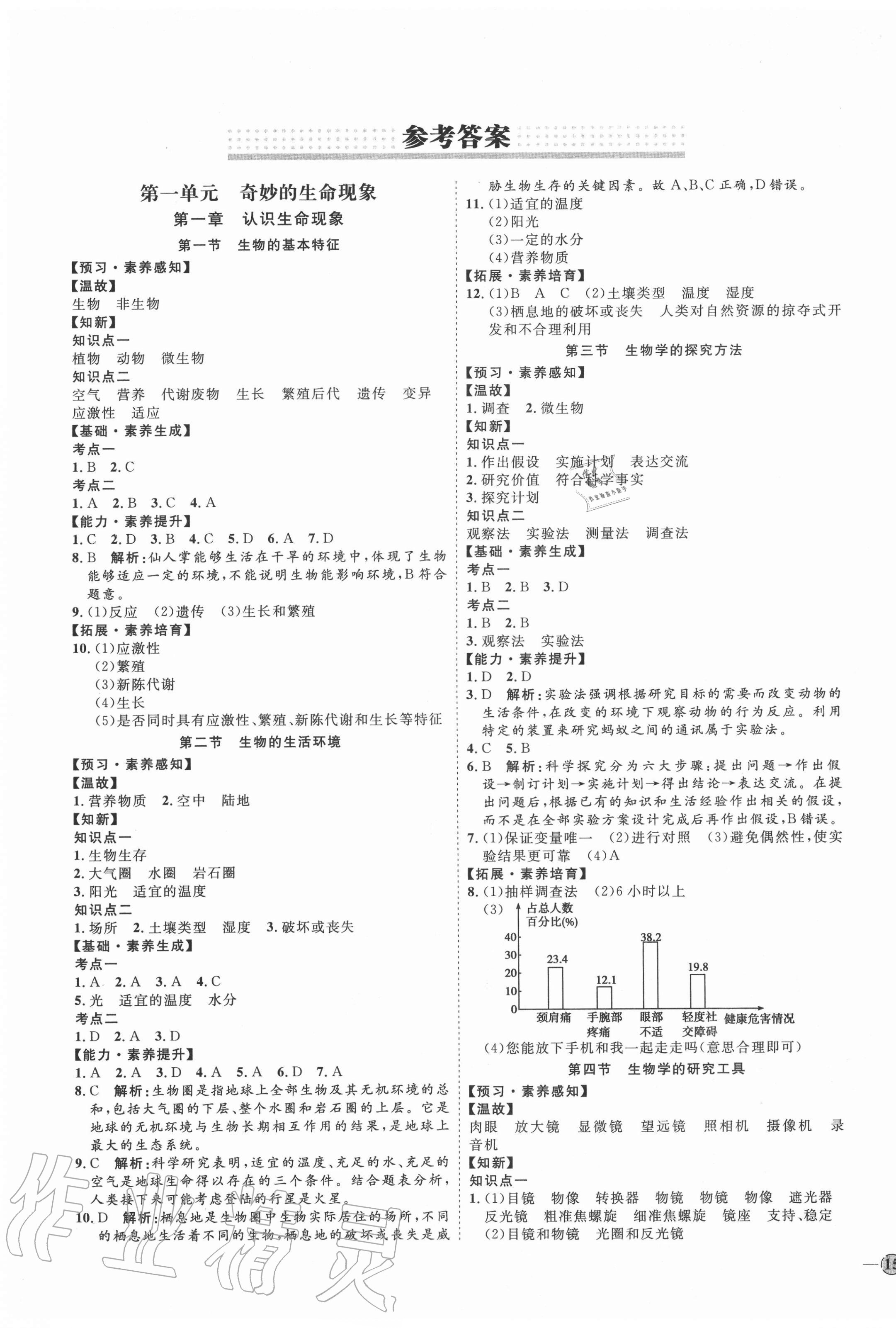 2020年优加学案课时通七年级生物上册济南版 参考答案第1页