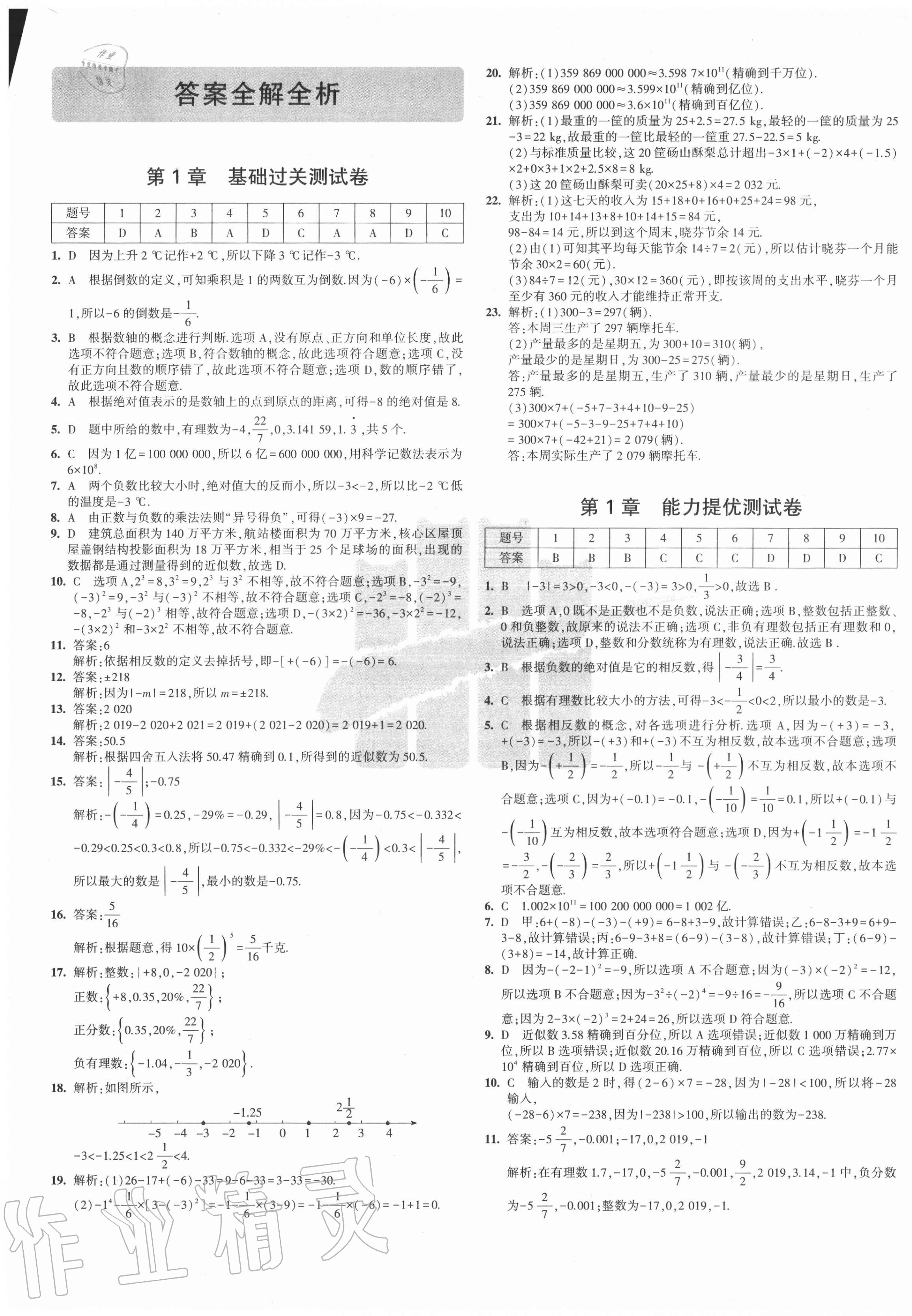 2020年5年中考3年模拟初中试卷七年级数学上册沪科版 参考答案第1页