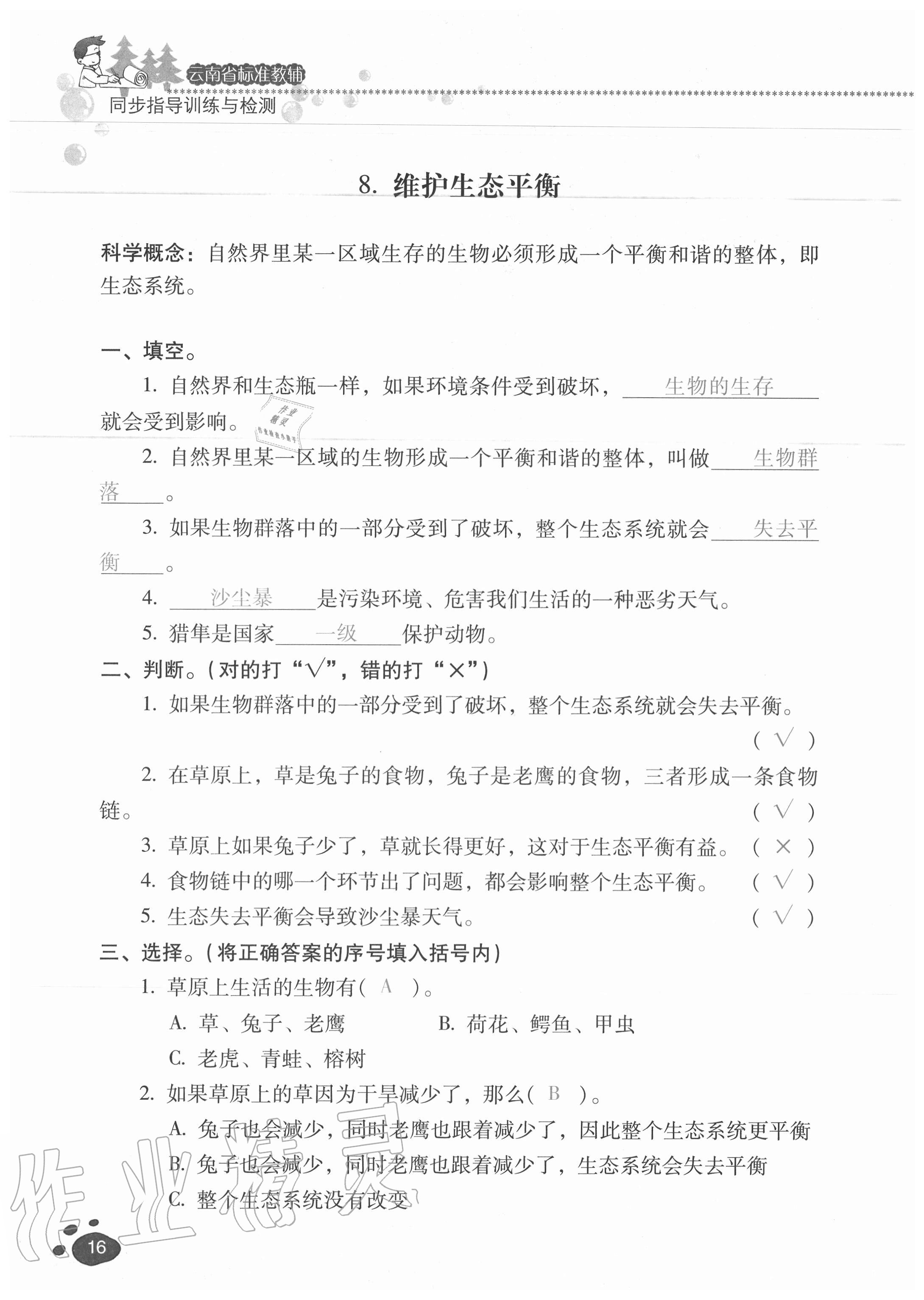 2020年云南省標準教輔同步指導訓練與檢測五年級科學上冊教科版 參考答案第15頁