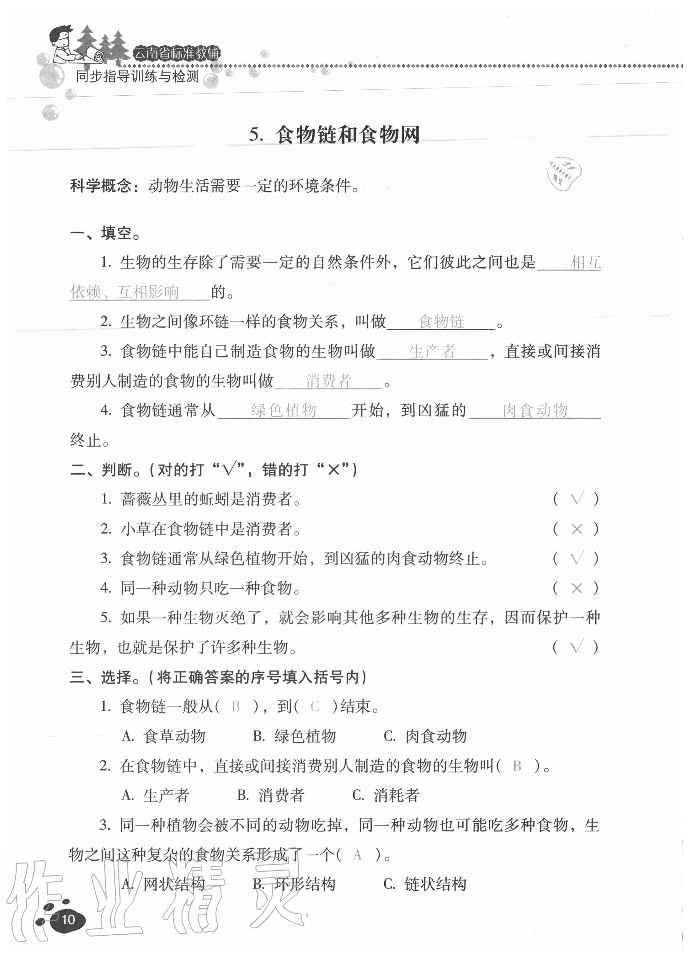 2020年云南省标准教辅同步指导训练与检测五年级科学上册教科版 参考答案第9页