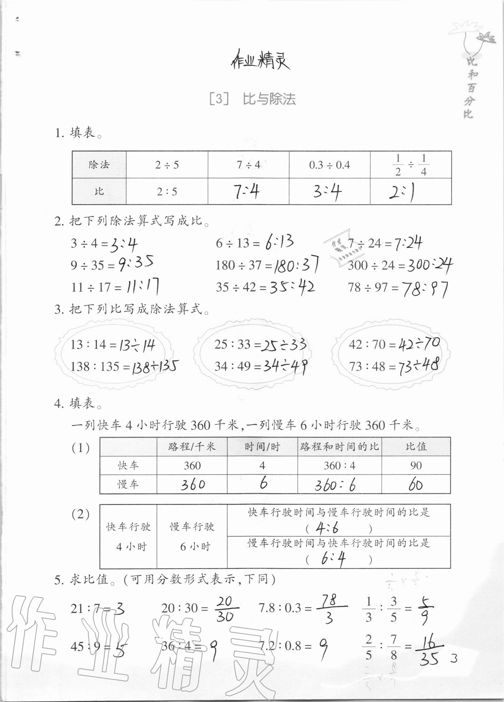 2020年數(shù)學(xué)基礎(chǔ)天天練六年級上冊浙教版 參考答案第3頁