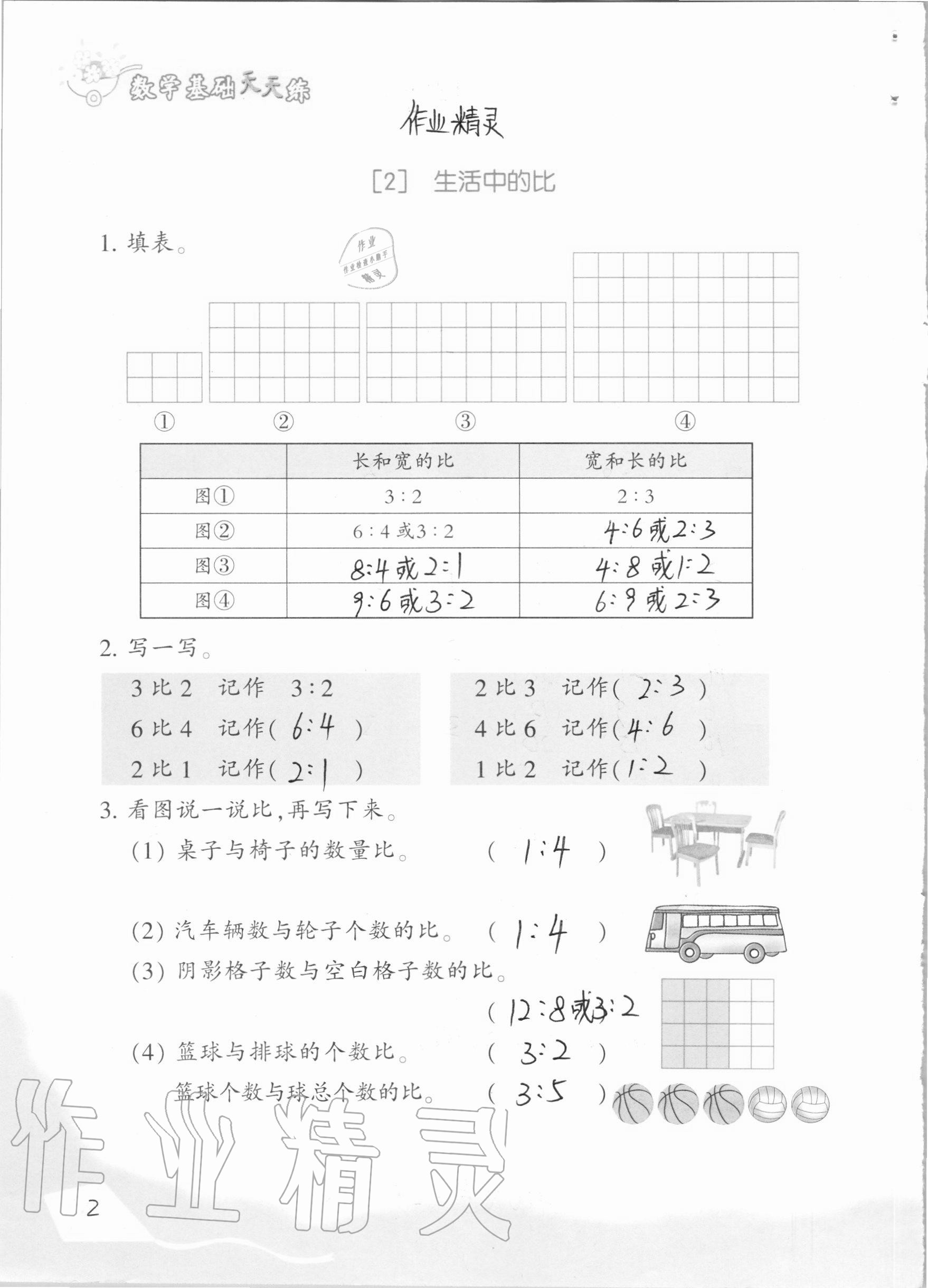 2020年數(shù)學基礎(chǔ)天天練六年級上冊浙教版 參考答案第2頁