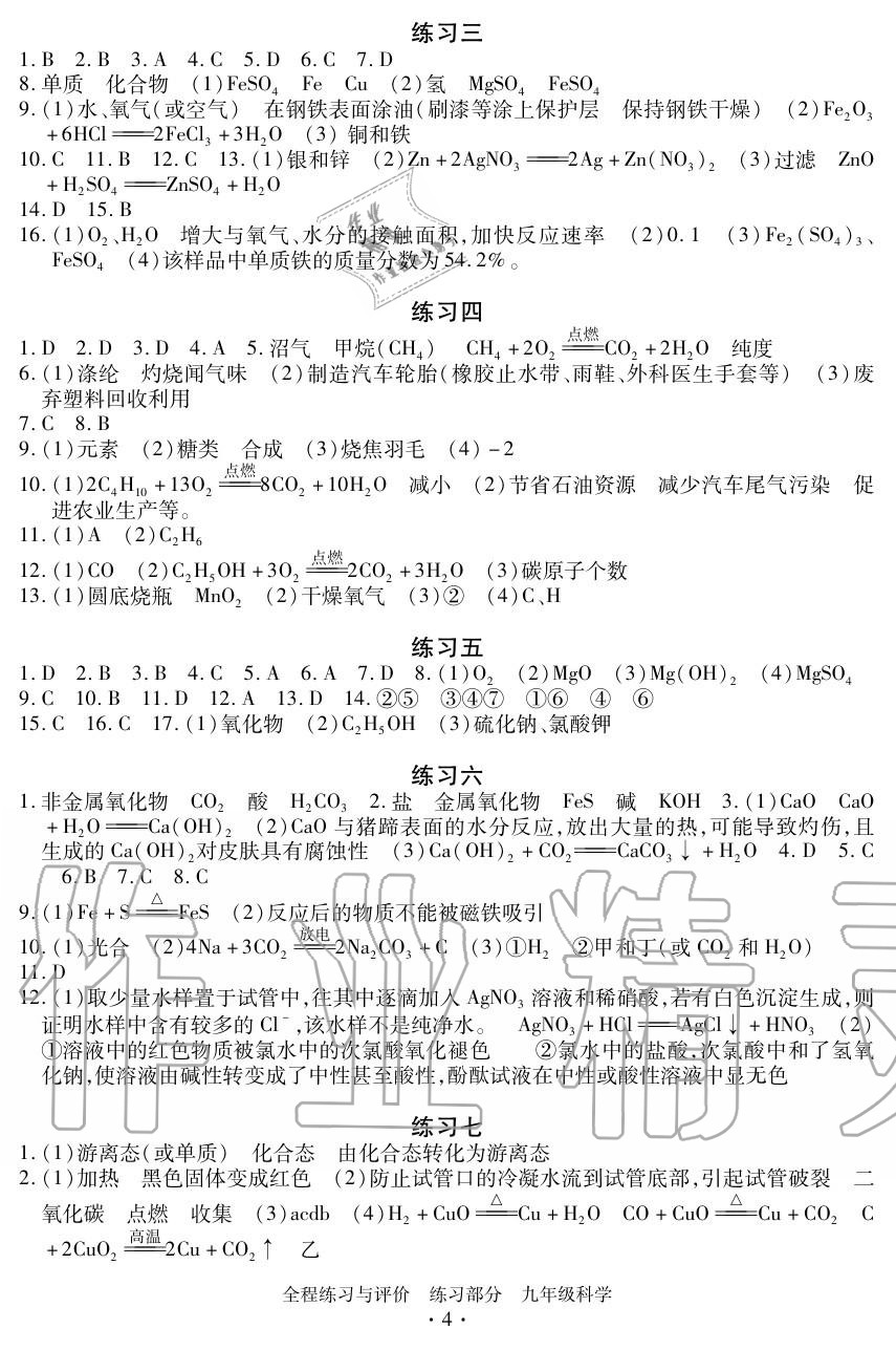 2020年全程练习与评价九年级科学上册浙教版 参考答案第4页