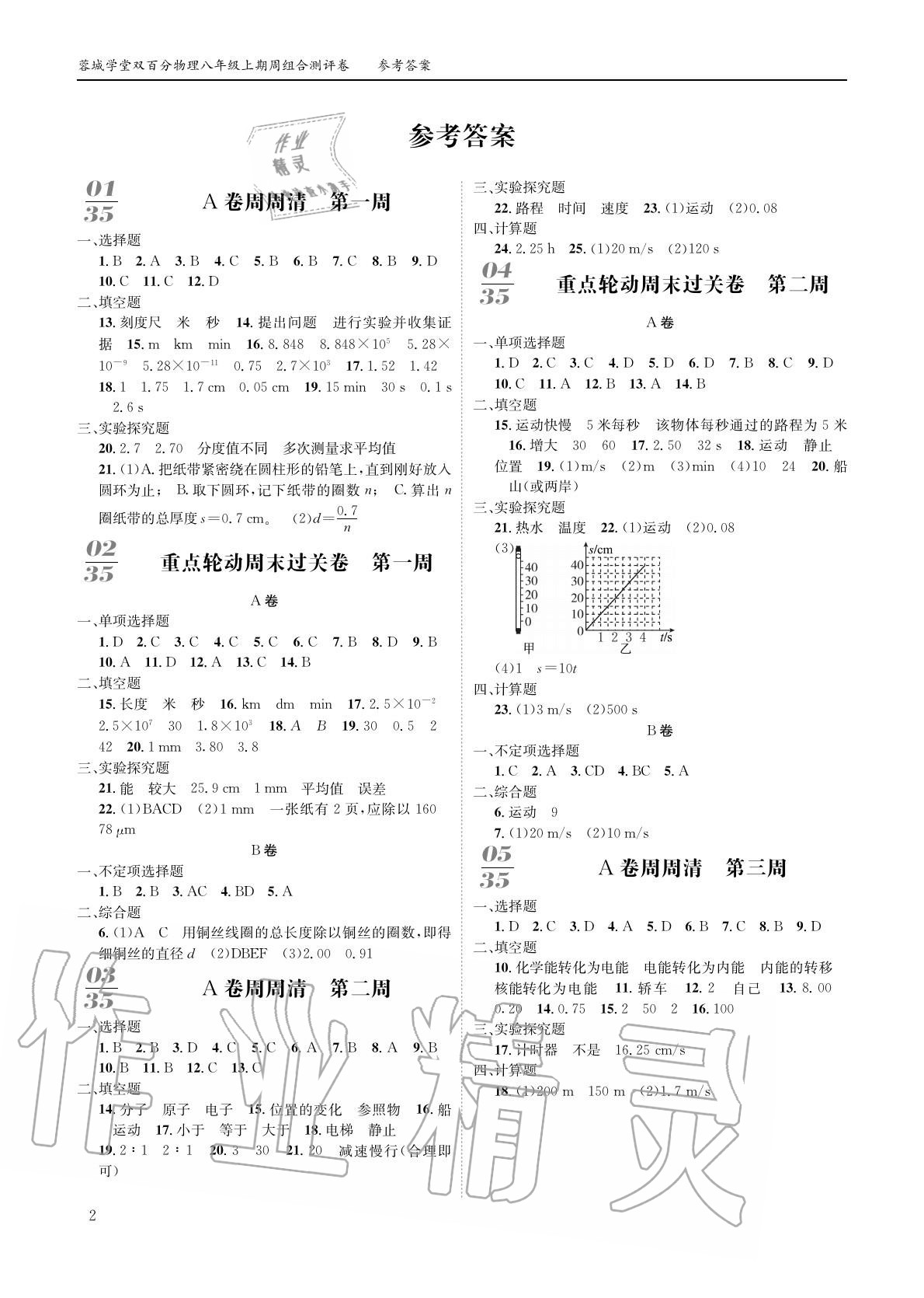 2020年蓉城學堂同步精練組合測評卷八年級物理上冊教科版 參考答案第1頁