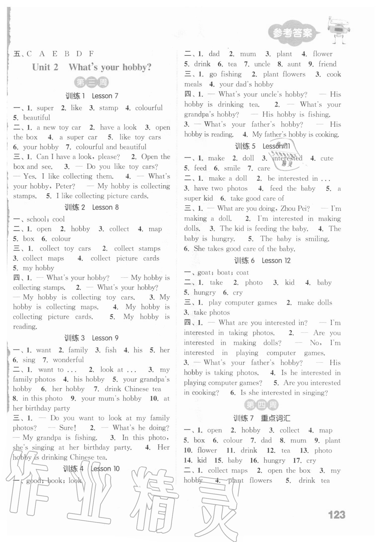 2020年通城學(xué)典小學(xué)英語默寫能手六年級上冊人教精通版 參考答案第3頁