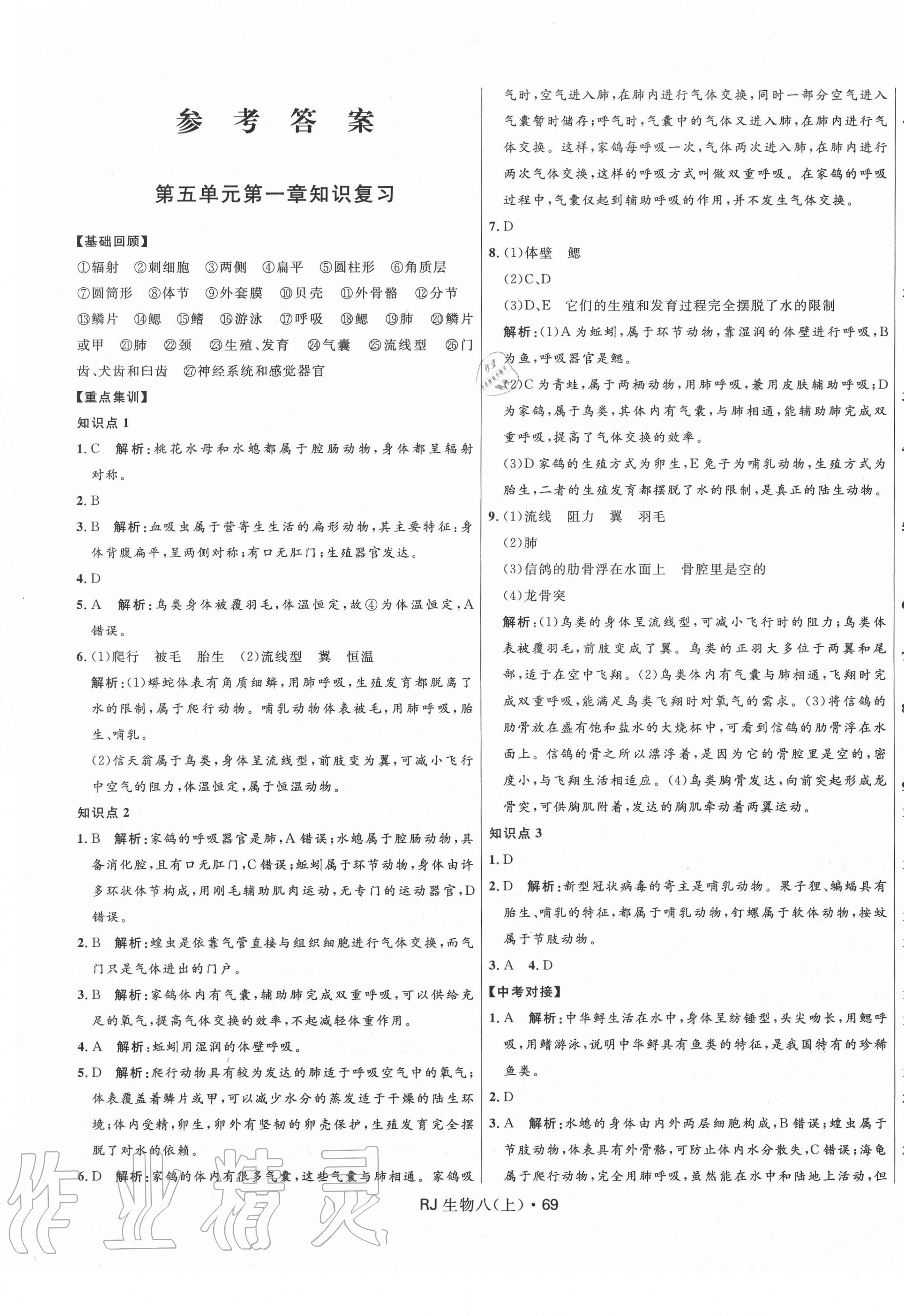 2020年夺冠百分百初中优化测试卷八年级生物上册人教版 参考答案第1页