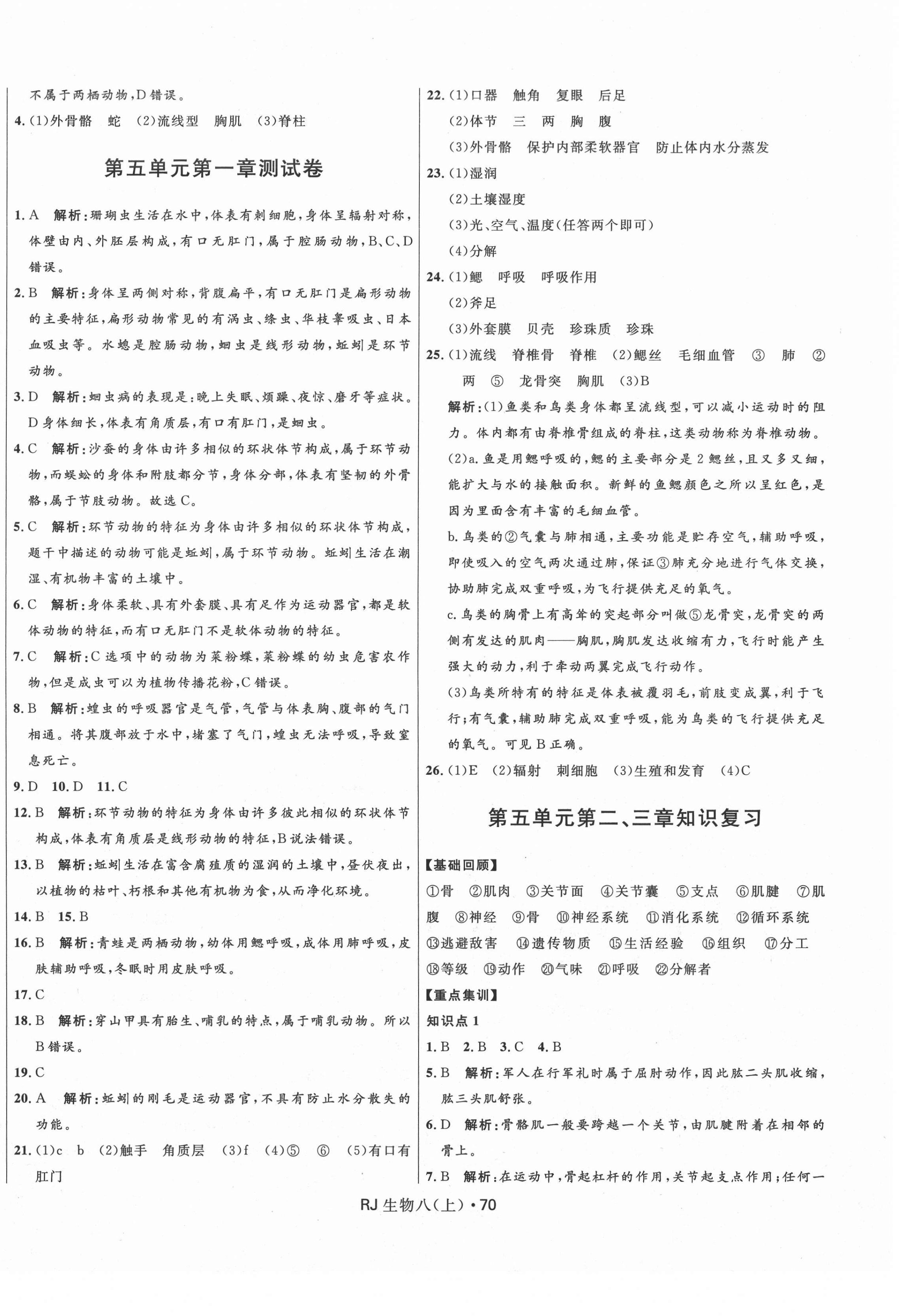 2020年夺冠百分百初中优化测试卷八年级生物上册人教版 参考答案第2页