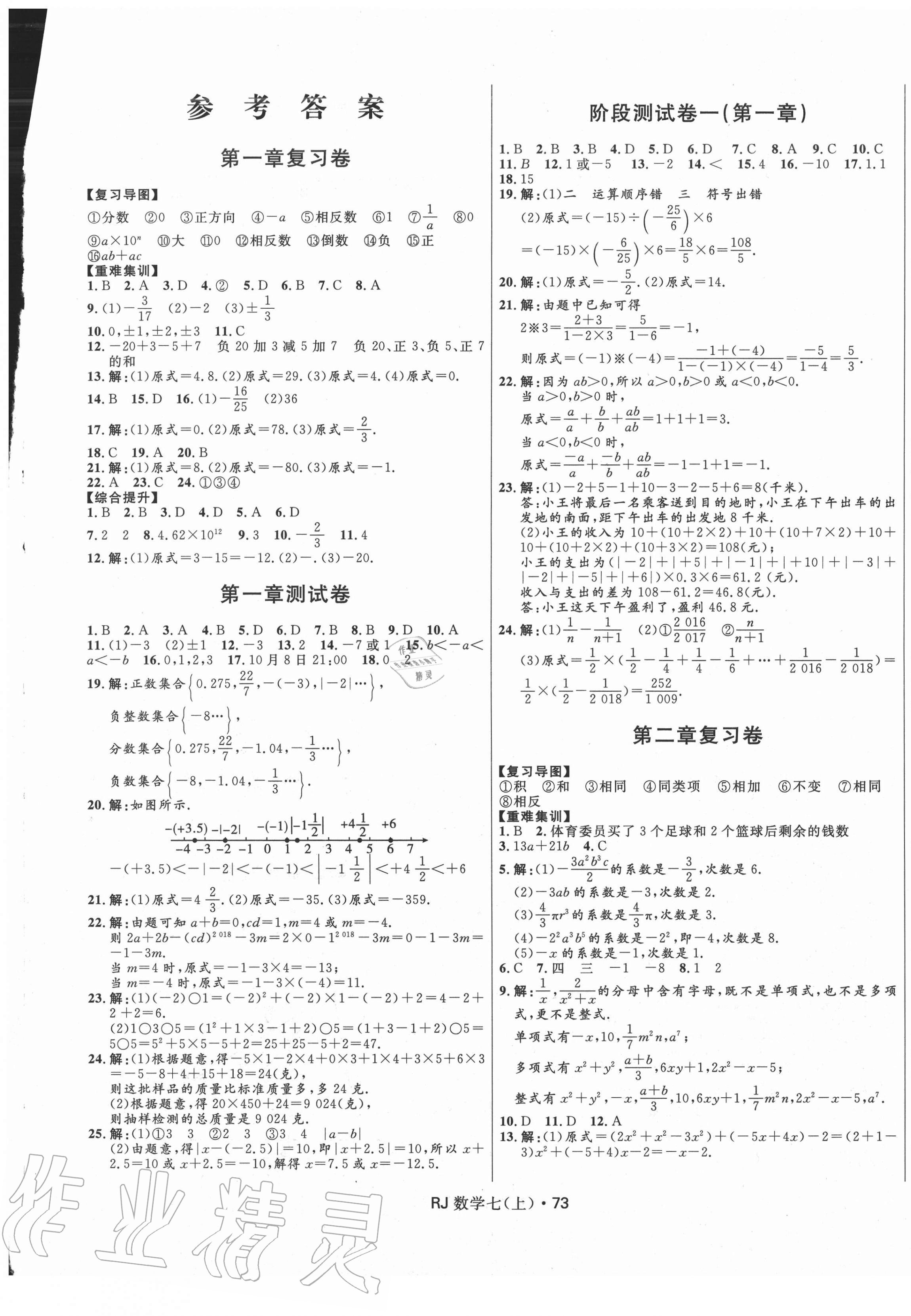 2020年夺冠百分百初中优化测试卷七年级数学上册人教版 参考答案第1页