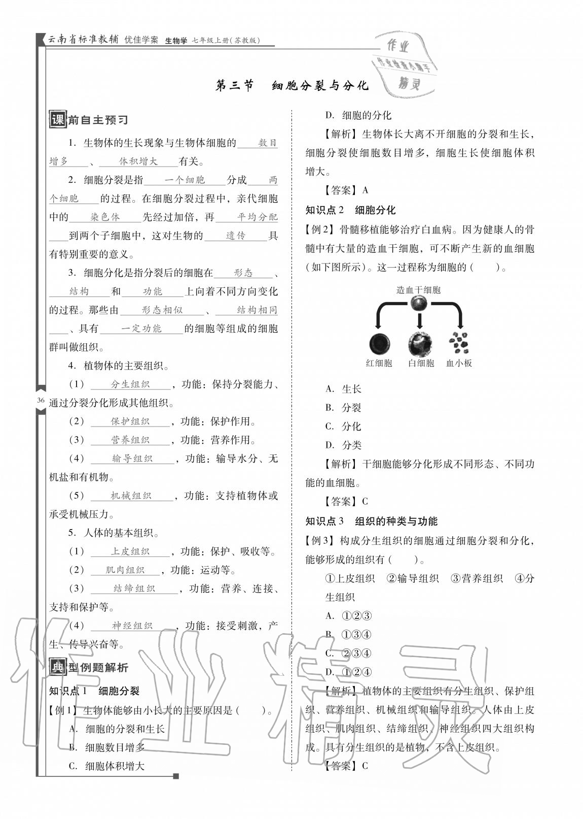 2020年云南省標(biāo)準(zhǔn)教輔優(yōu)佳學(xué)案七年級(jí)生物上冊蘇教版 參考答案第36頁